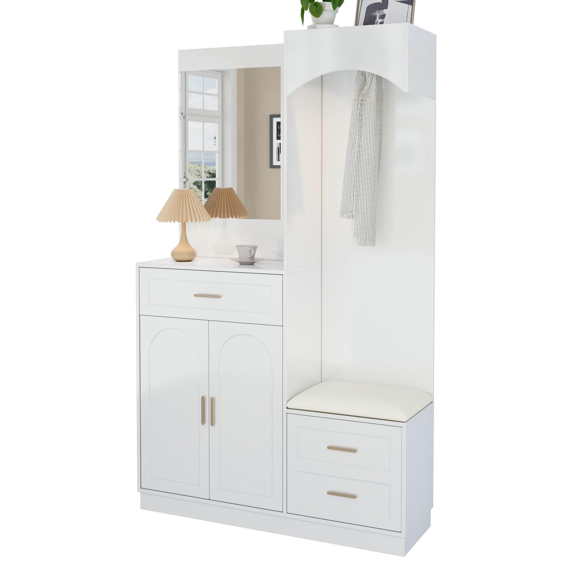 GARDEROBE mit Schuhschrank und Spiegel 110 x 33 x 185,5 cm Weiß - Weiß, Holzwerkstoff (33/185.5/110cm) - Beauniv