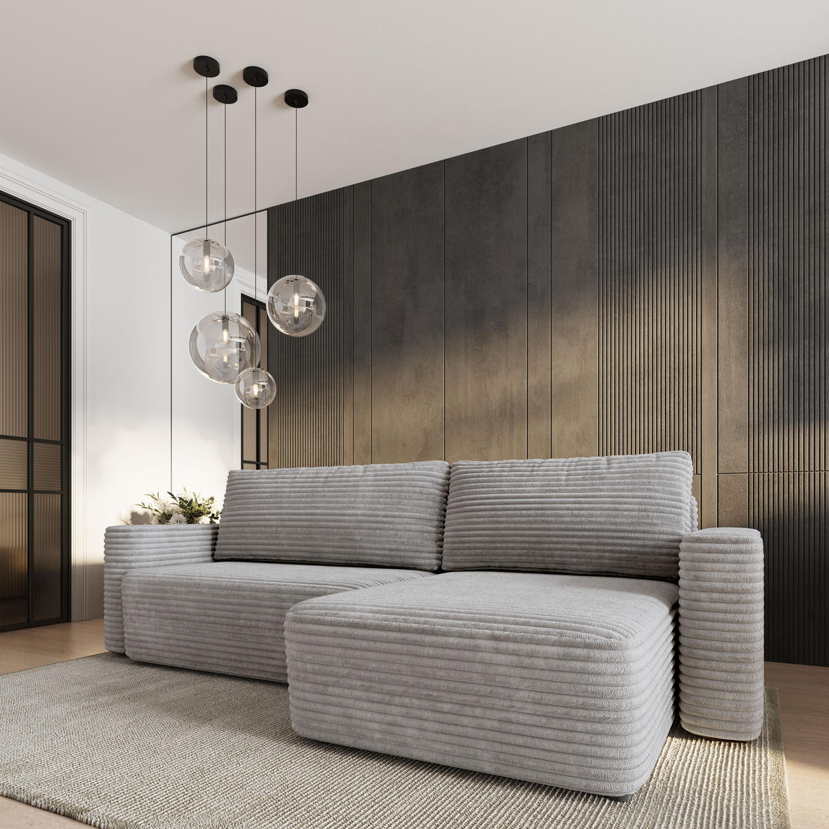 ECKSOFA TELIN Hellgrau Kordstoff mit Schlaffunktion - Hellgrau, Holz (280/162cm) - MASSENO