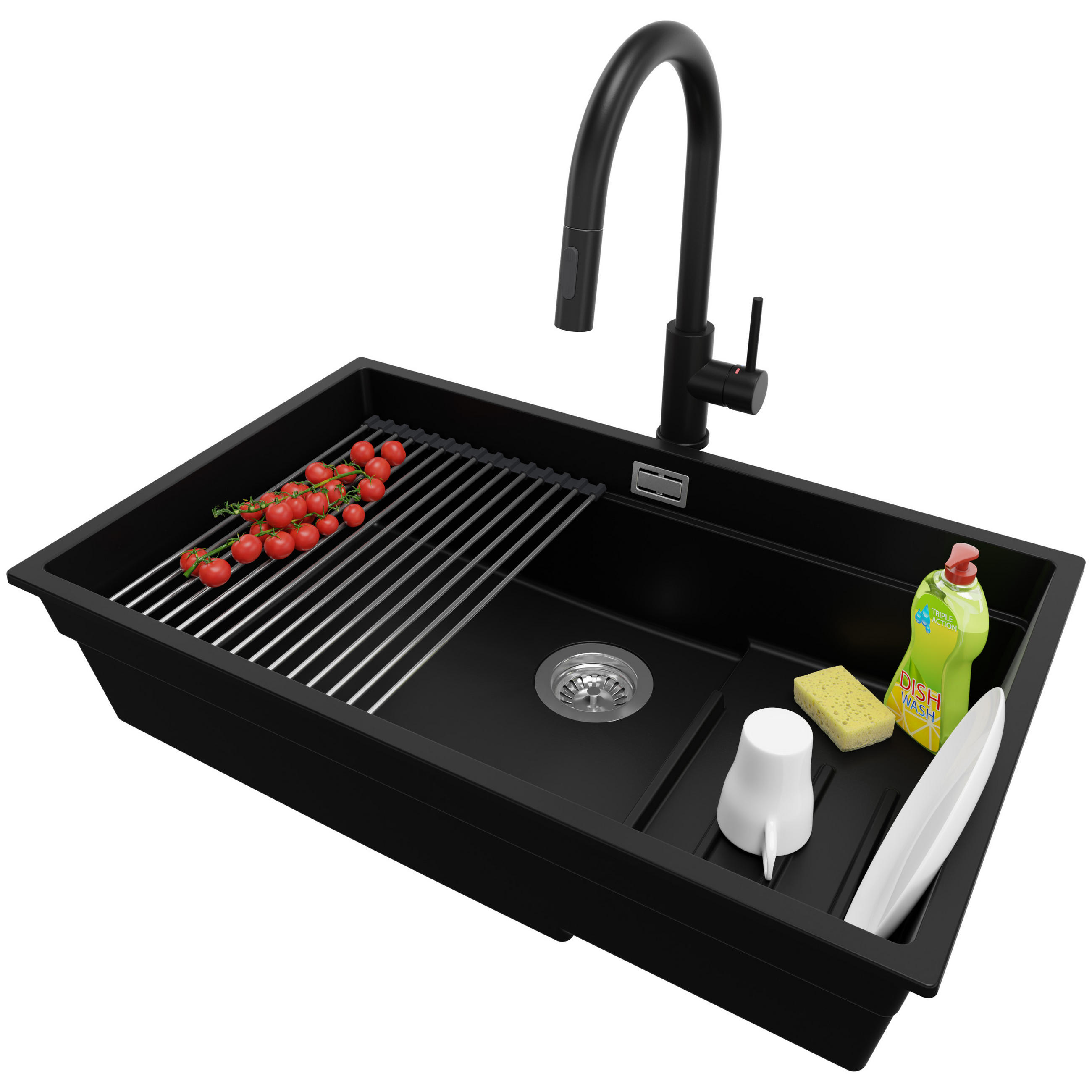 UNTERBAUSPÜLE GRANIT Praga, 2-er set Schwarz 76/47 cm 1 Becken + Küchenarmatur 40/20 cm + Ablauf-Set + Aufrollbare Abtropffläche ab 80er Unterschrank - Chromfarben/Schwarz, Kunststoff (76/20/47cm) - Primagran