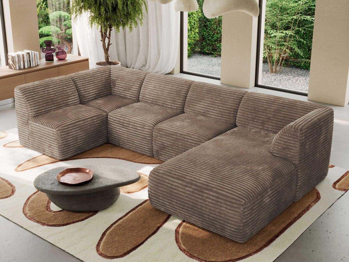 WOHNLANDSCHAFT MODARO U 5M - Braun Cord - Rechts - Schwarz/Braun, Textil (345/78/180cm) - MKS