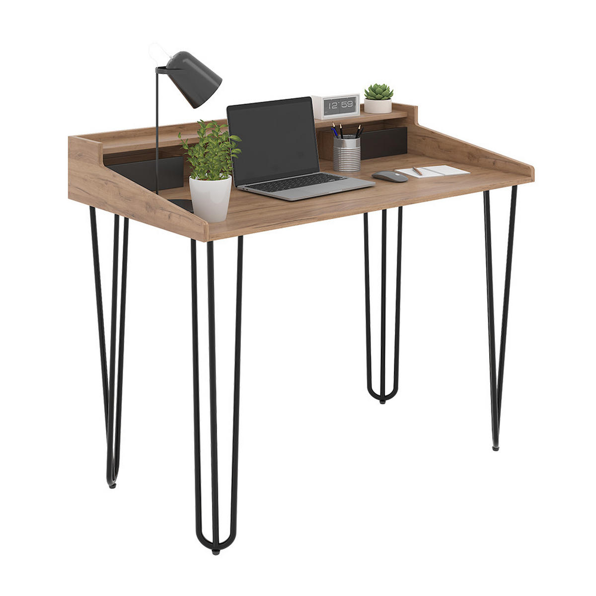 SCHREIBTISCH Sannar Eiche 110 x 60 cm mit Schubladen - Eichefarben/Schwarz, Holzwerkstoff (60/110/89.5cm) - Vicco