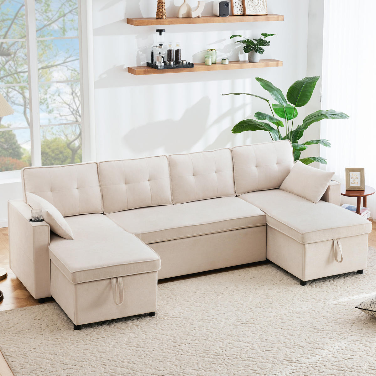 ECKSOFA U-Form Bettfunktion Baumwoll-Leinen Getränkehalter Stauraum Beige - Beige, Holz (123.01/19.71/65.51cm) - FLIEKS