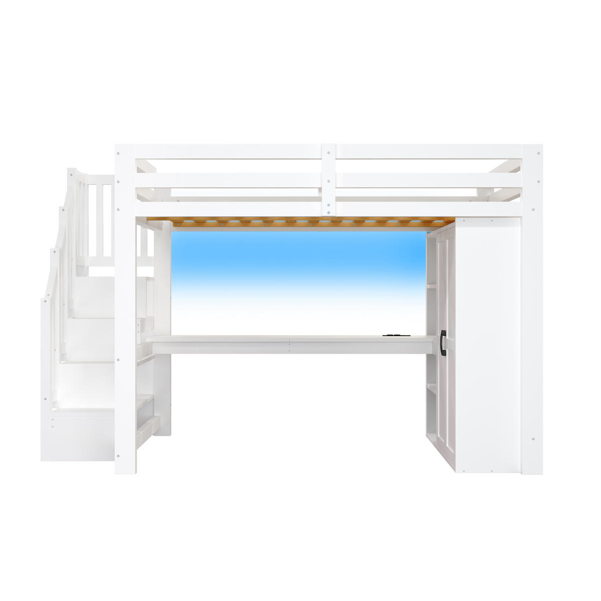 HOCHBETT 140/200 cm DE-03374, mit Schreibtisch, Kleiderschrank, Stauraumtreppe und LED, in Weiß - Weiß, Holz/Holzwerkstoff (140/200cm) - ComfortXL