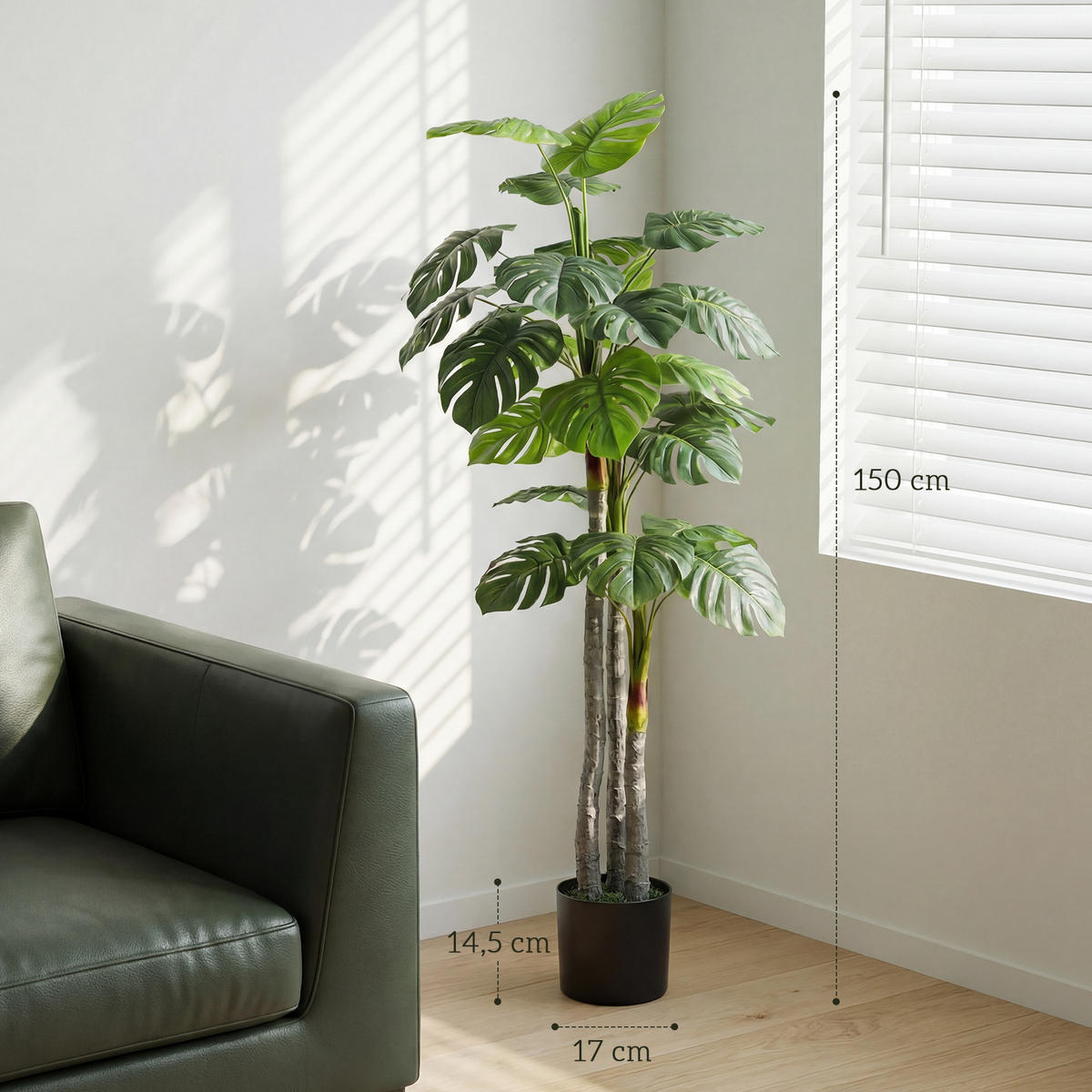 KUNSTPFLANZE, Künstliche Monstera 1,5 m, Schildkrötenblätter, inklusive Topf, realistisch, Grün - Multicolor, Kunststoff (150cm) - FORIOUS