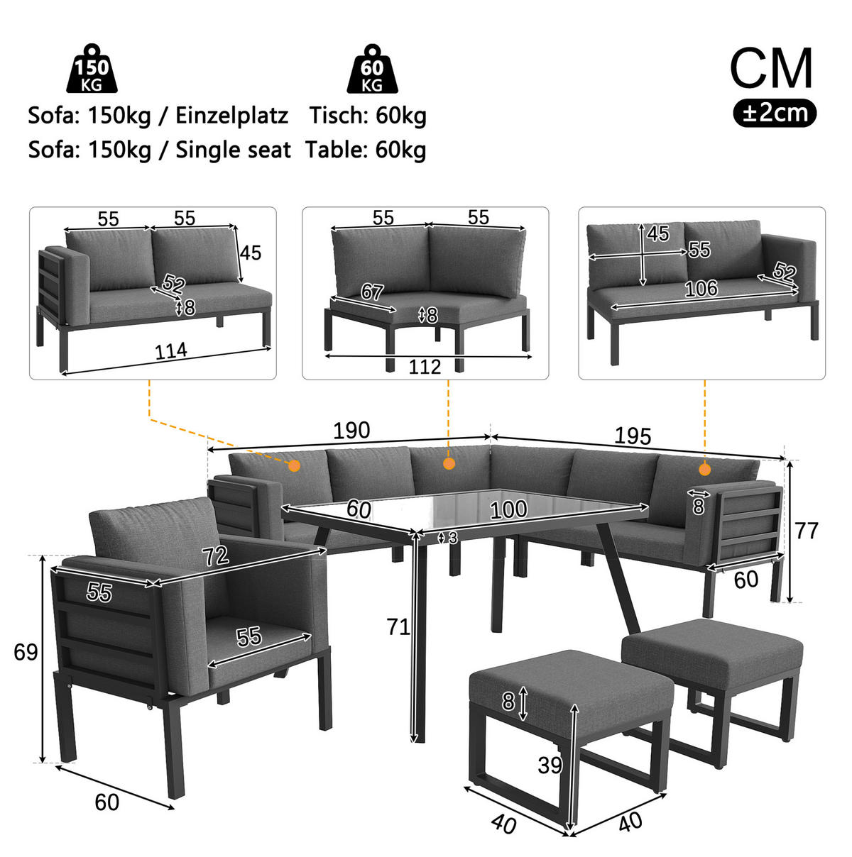 GARTENLOUNGE-SET mit Stahlrahmen & Glastisch, 3 Sofas, Sessel, 2 Hocker, 114/60/77 cm, Grau - Grau, Metall - Redom