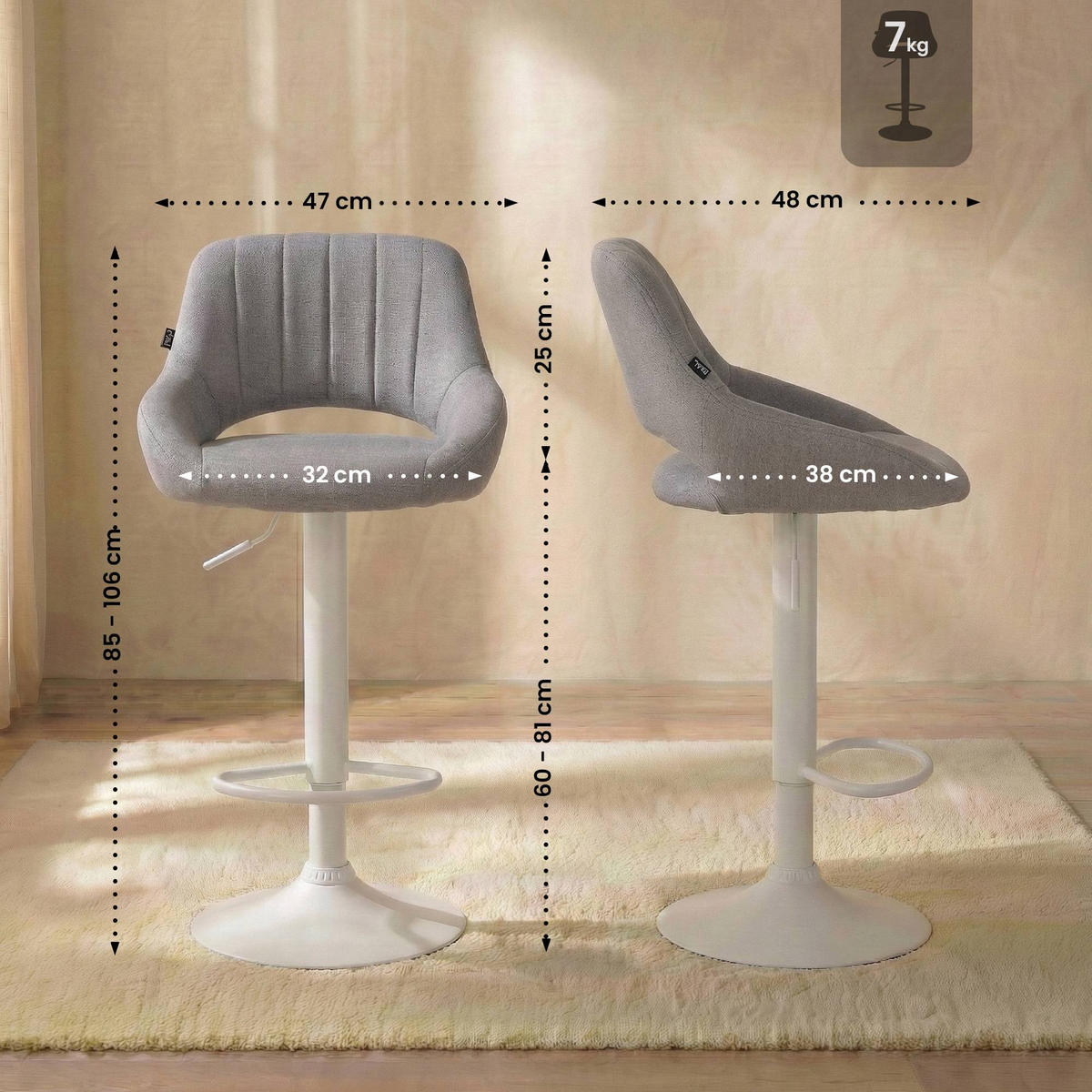BARHOCKER Stoff Grau - Weiß/Grau, Textil/Metall (47/85/48cm) - CLP