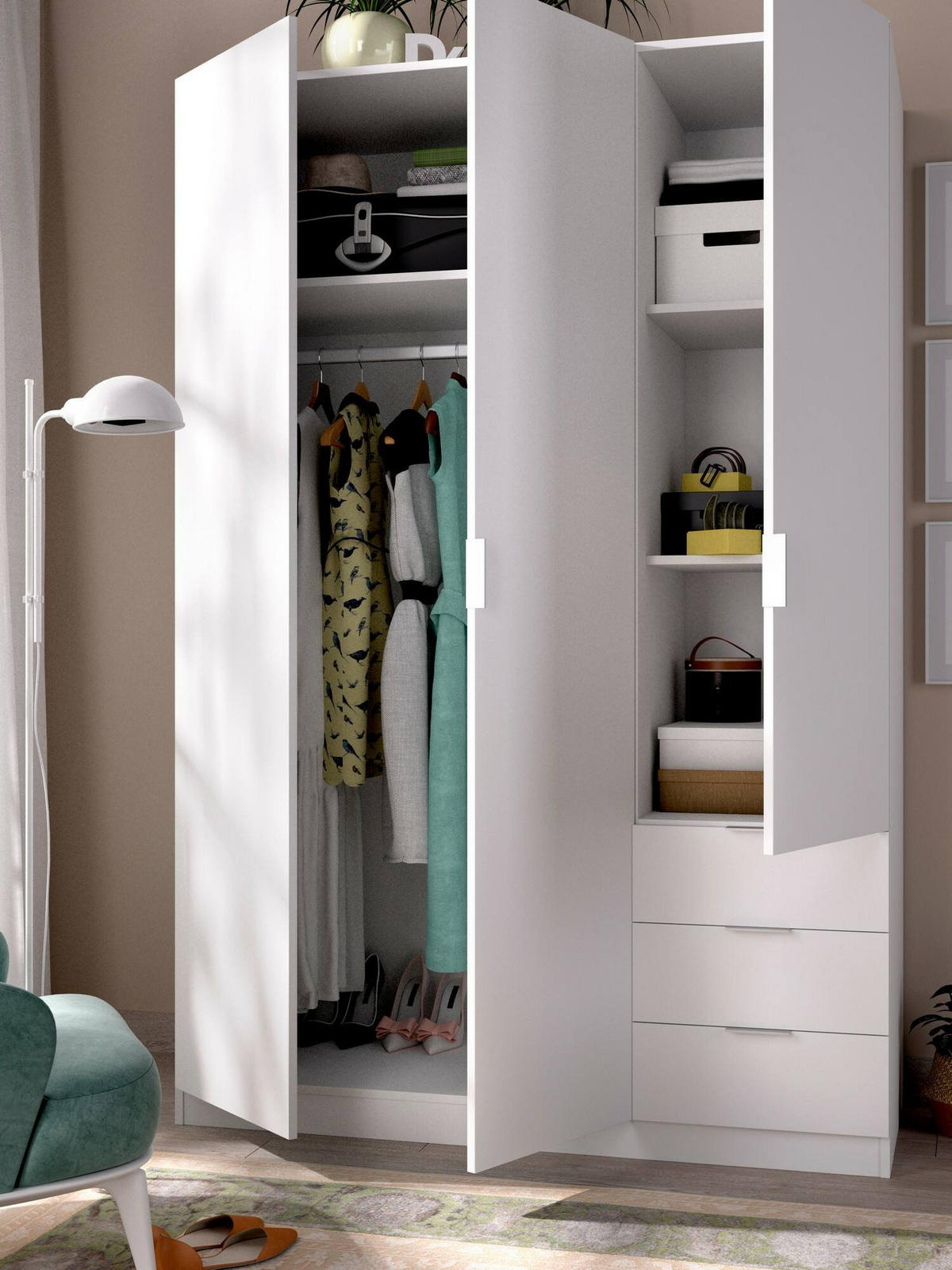 KLEIDERSCHRANK 3 TÜREN Weiß 52/121/184 cm - Weiß, Holzwerkstoff (121/184/52cm) - DMORA