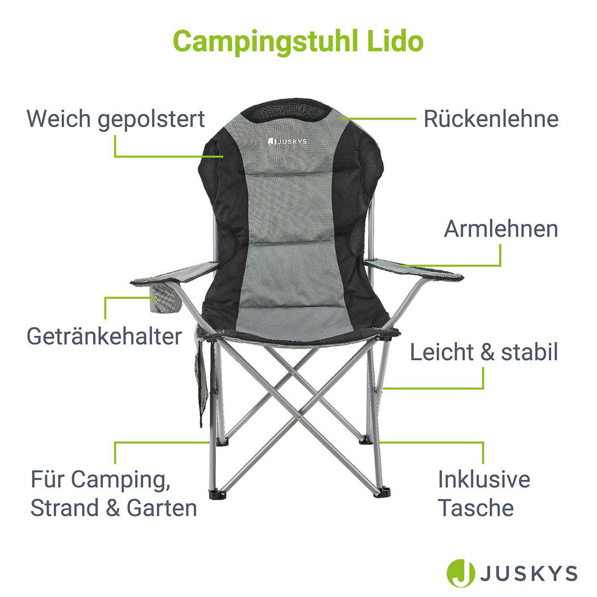 CAMPINGSTUHL Lido grau mit Flaschenhalterung & Tragetasche - Grau, Textil (62/102/62cm) - Juskys