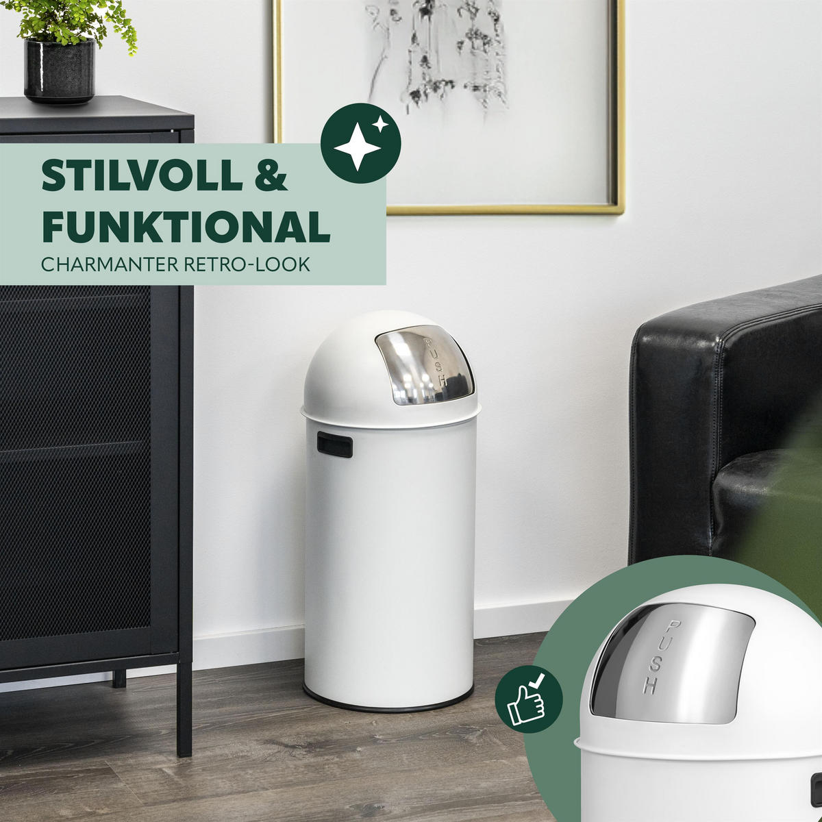 ABFALLEIMER Push-Deckel 35 L, weiß - Weiß, Metall (30.5/66.5/30.5cm) - eluno