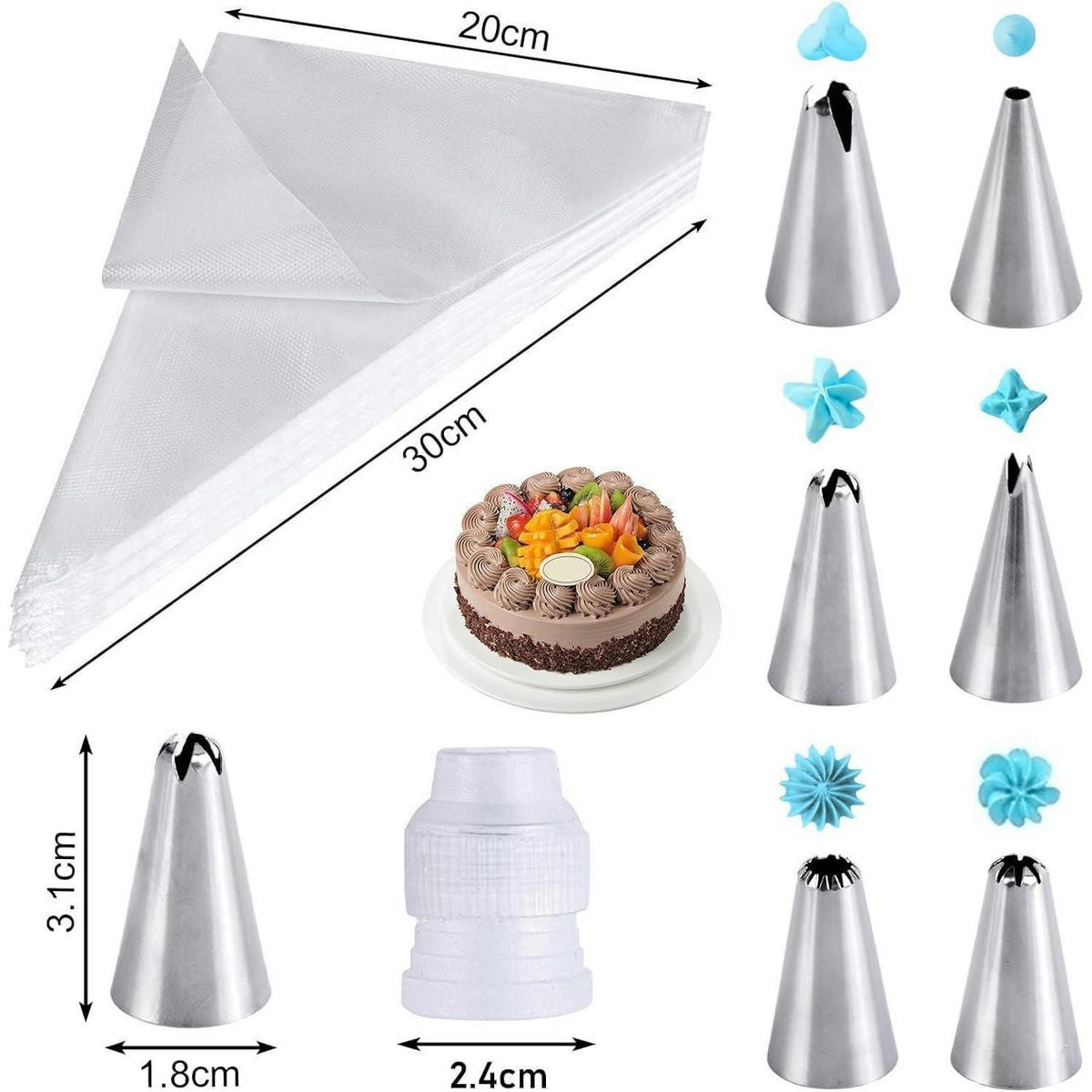 SPRITZBEUTEL Set 100 Stück mit 6 Edelstahl Tüllen - Transparent, Kunststoff (19/10/25cm)