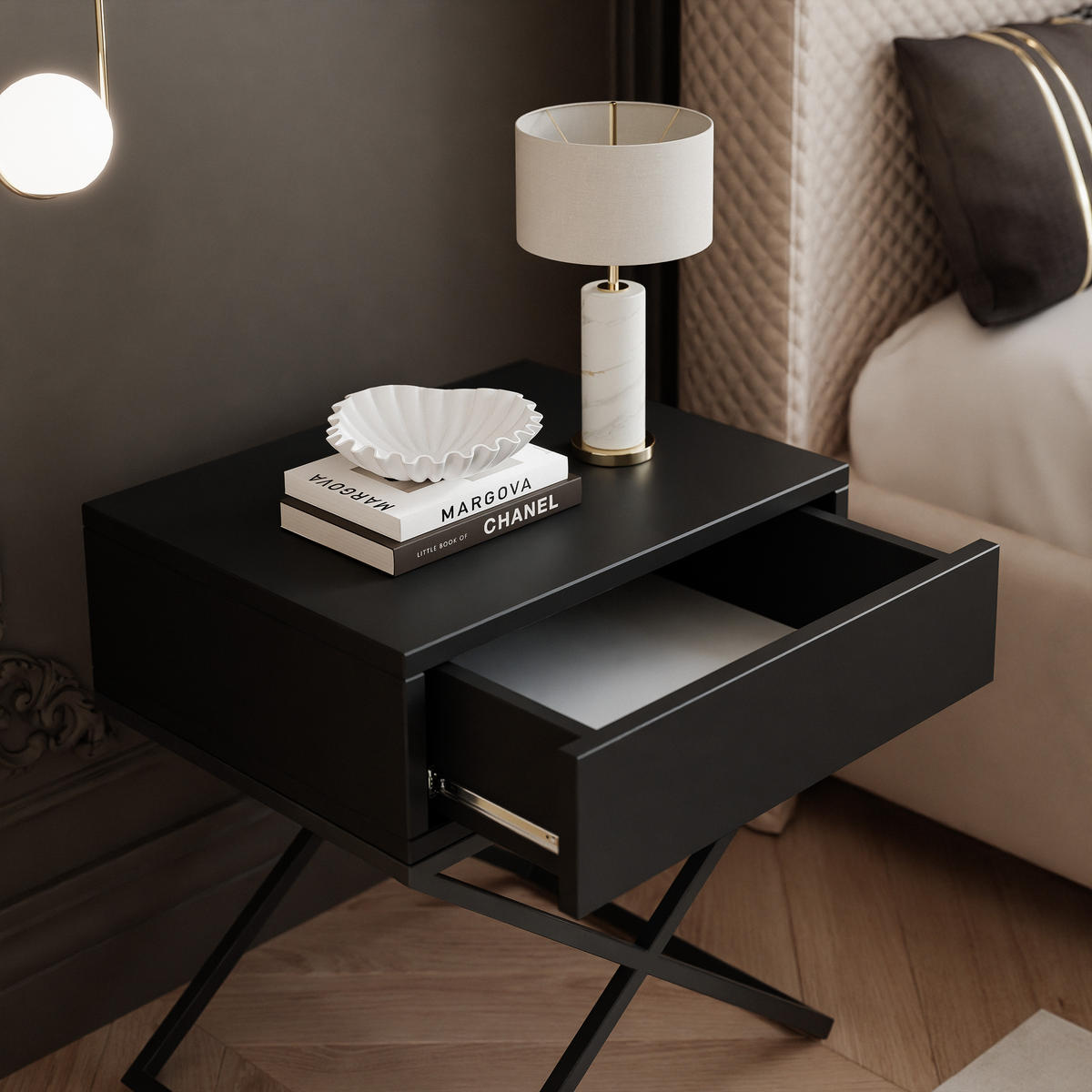 NACHTSCHRANK KSENO mit Schublade, 45/35/50 cm, Schwarz - Schwarz, Holzwerkstoff/Metall (45/50/35cm) - Idohome