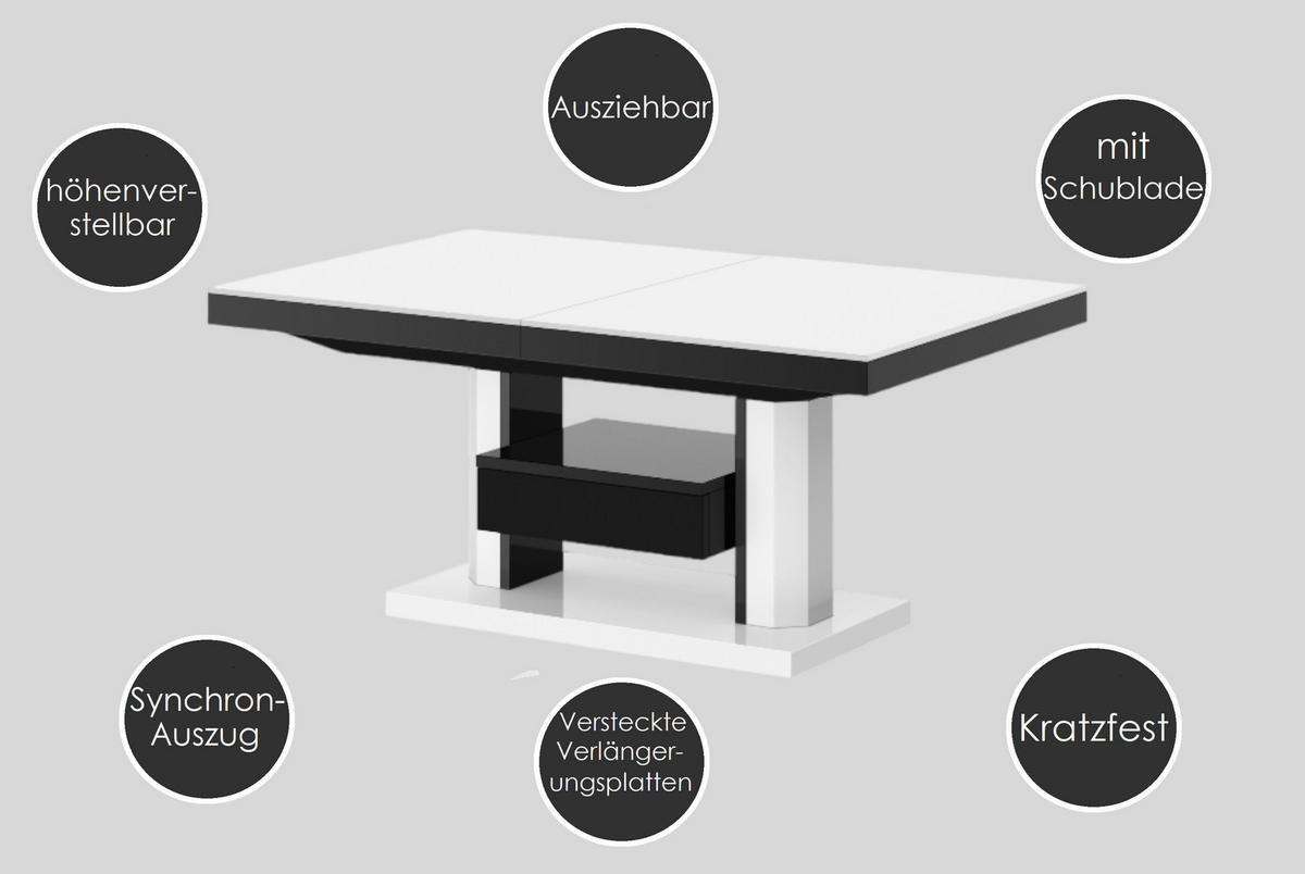 COUCHTISCH rechteckig höhenverstellbar ausziehbar Schublade 120/75/56 cm - Weiß Hochglanz/Hellgrau, Holzwerkstoff (75/120/56cm) - designimpex