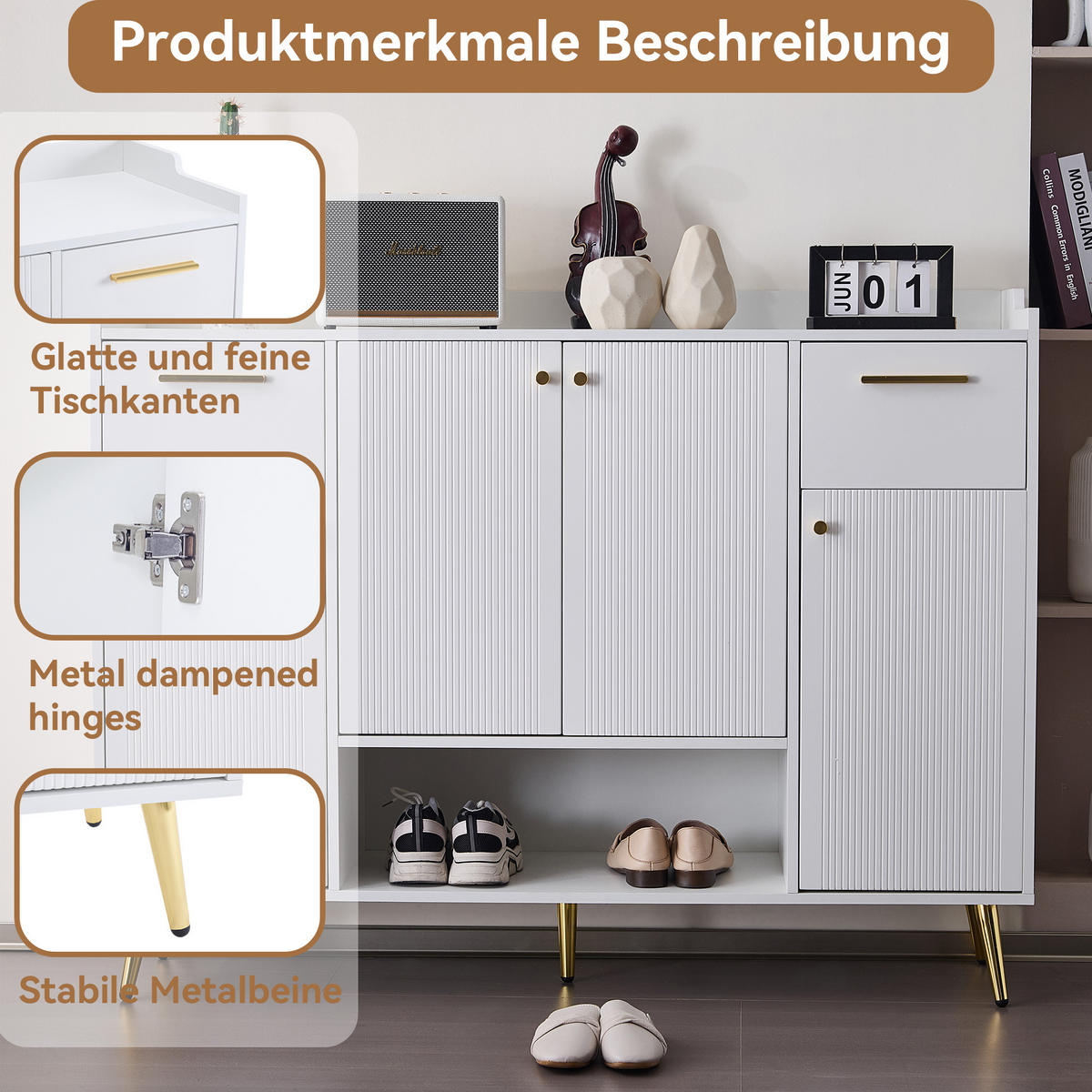 SCHUHSCHRANK mit 4 Türen Weiß 130x37x100cm - Weiß, Holzwerkstoff (37/100/130cm) - FLIEKS