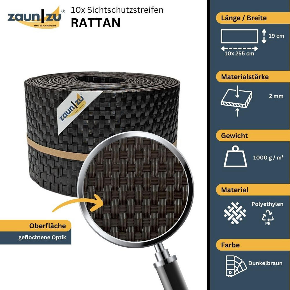 SICHTSCHUTZSTREIFEN Rattan für Doppelstabmatten UV-beständig Dunkelbraun 10x 2,55m - Dunkelbraun, Kunststoff (2550/19cm) - ZAUN|ZU