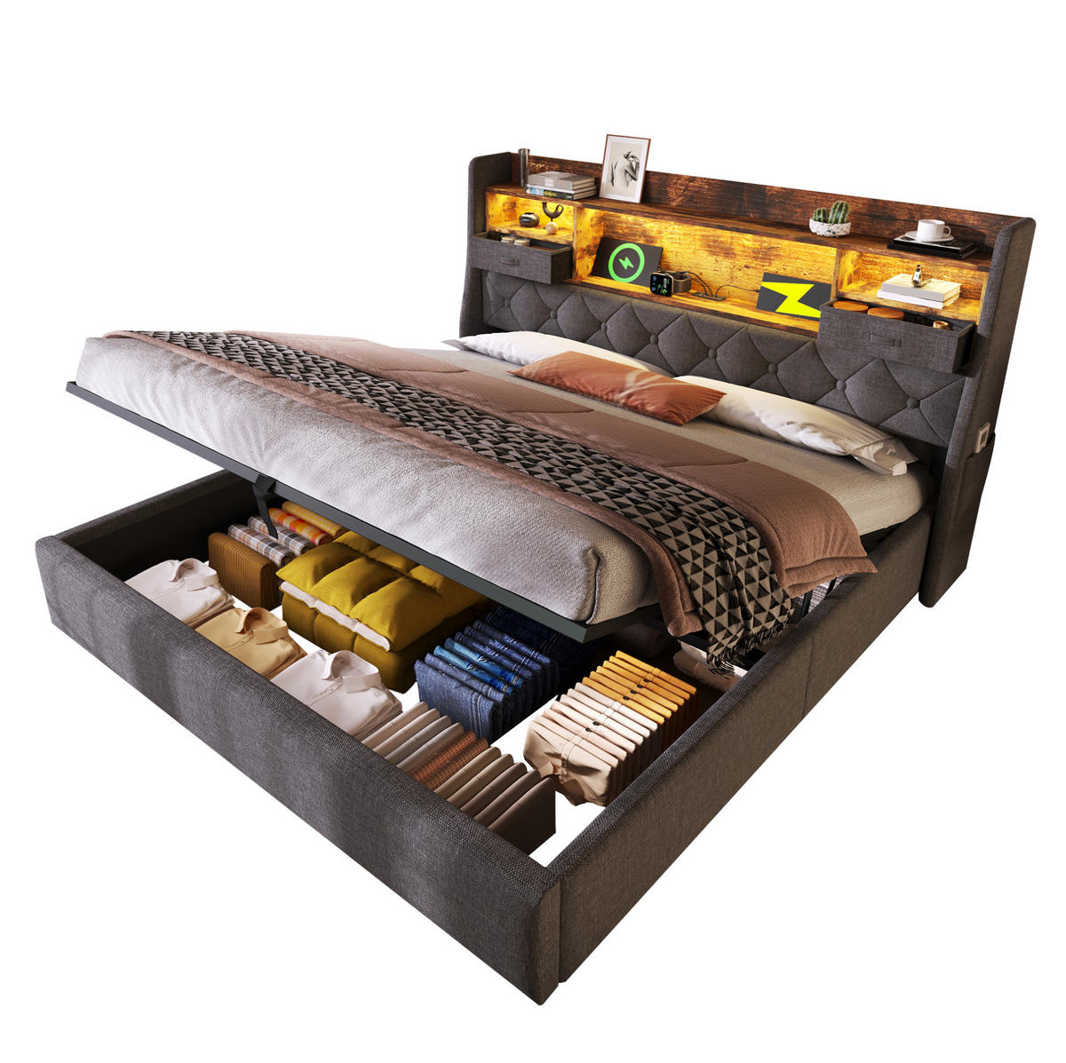 POLSTERBETT 140/200 cm Grau mit Stauraum, LED-Beleuchtung und USB- und Type-C-Anschlüssen - Grau, Textil (140/200cm) - Flora Grace
