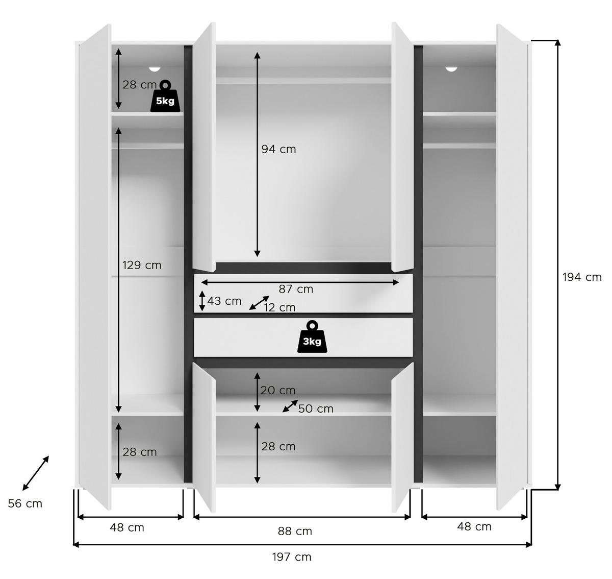 KLEIDERSCHRANK weiß, grau 197 x 194 cm, Drehtürenschrank 6-türig - Anthrazit/Silberfarben, Holzwerkstoff/Kunststoff (197/194/56cm) - Inn.Furn