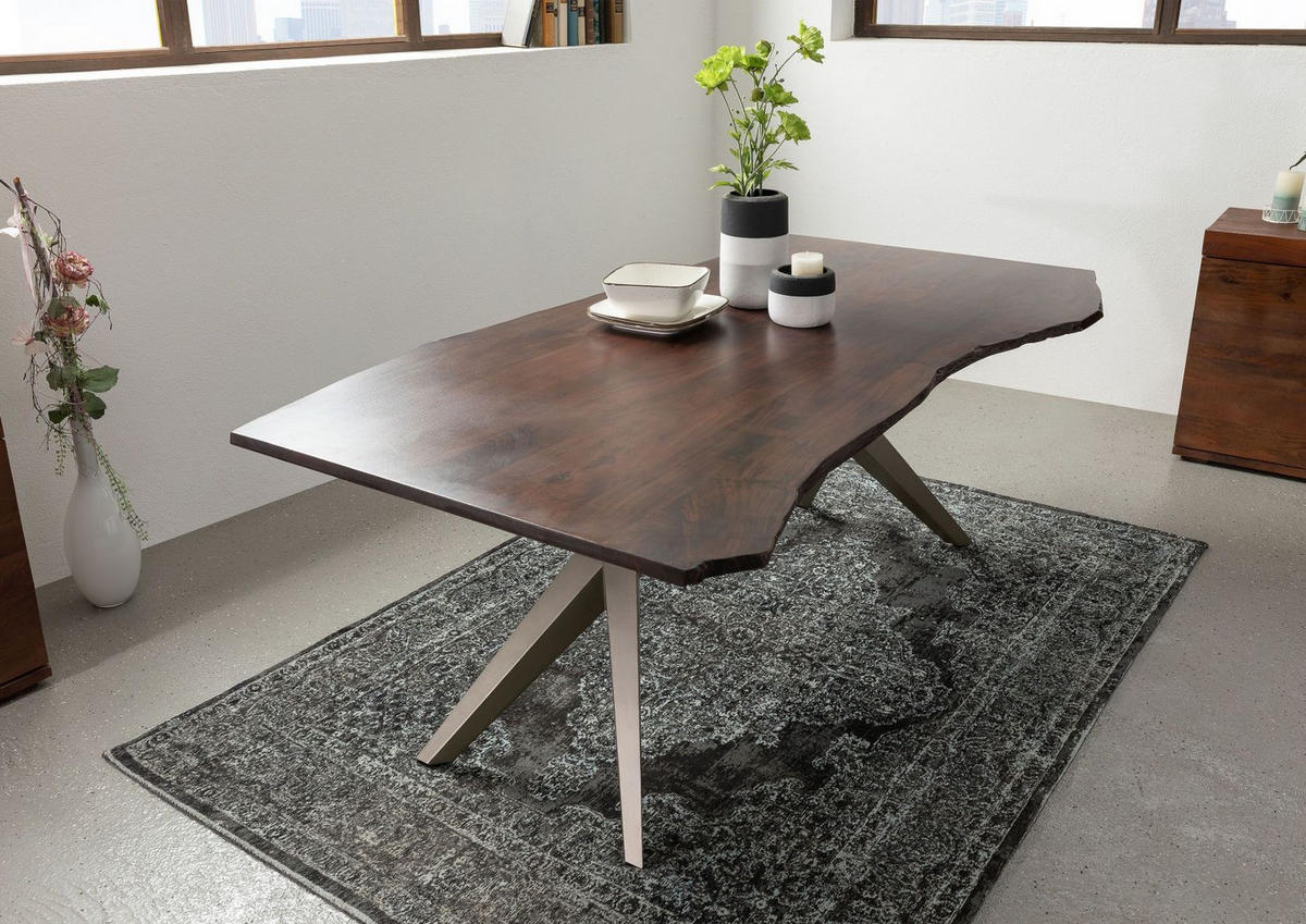 BAUMTISCH Akazie 180x90x76 braun lackiert Beine silber matt FREEFORM 4 #32 - Silberfarben/Braun, Holz (90/180/76cm) - Massivmoebel24