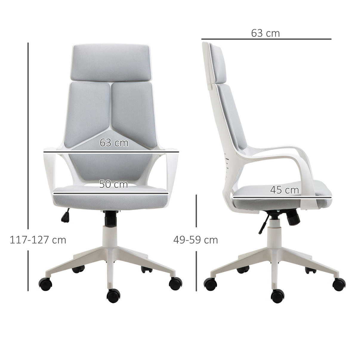 BÜROSTUHL Ergonomischer Schreibtischstuhl mit Armlehne, Wippfunktion Grau - Weiß/Grau, Kunststoff/Textil (63/127/63cm) - HOMCOM
