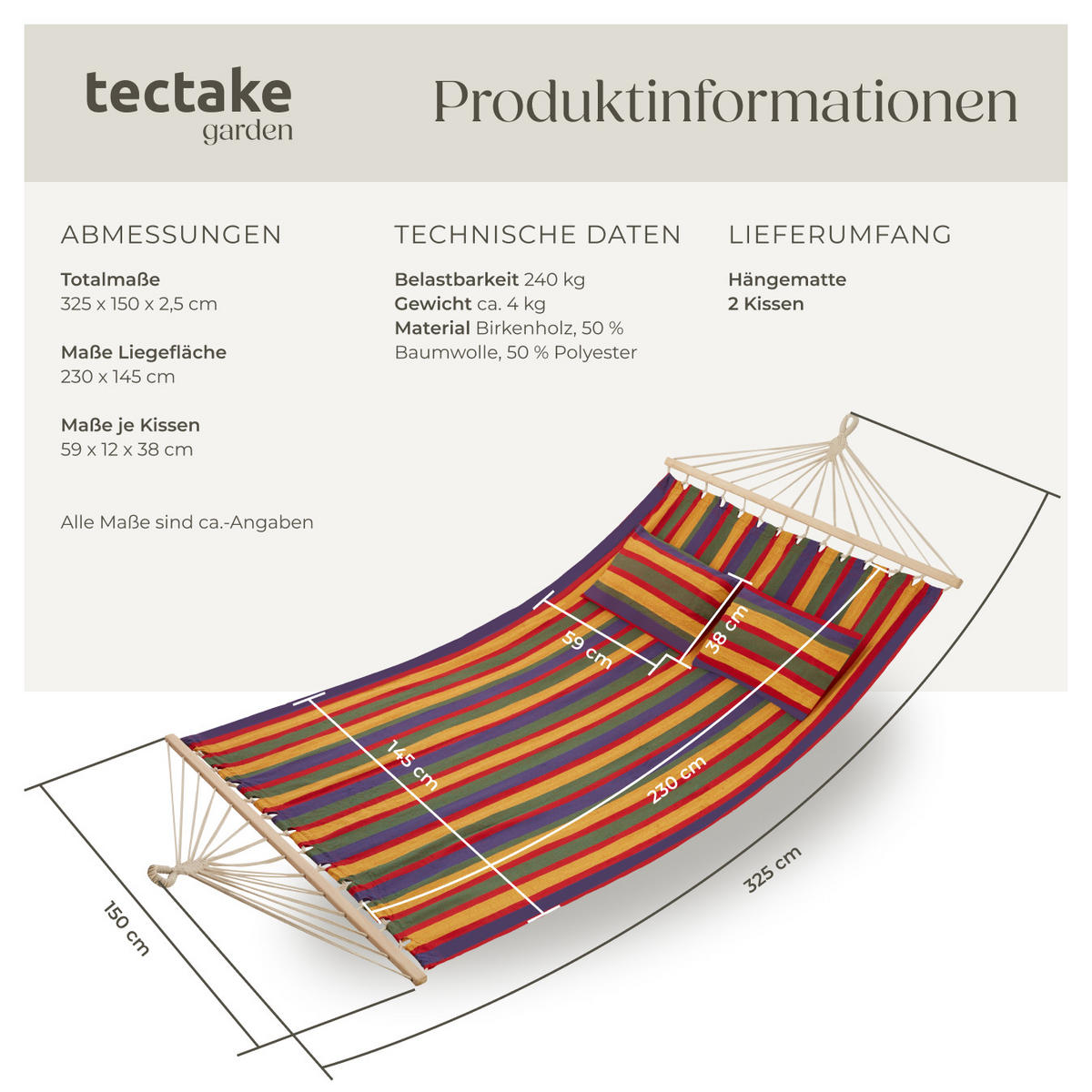 HÄNGEMATTE Eden,230 x 145 cm,bunt gestreift - Multicolor, Kunststoff (150/2.5/325cm) - tectake
