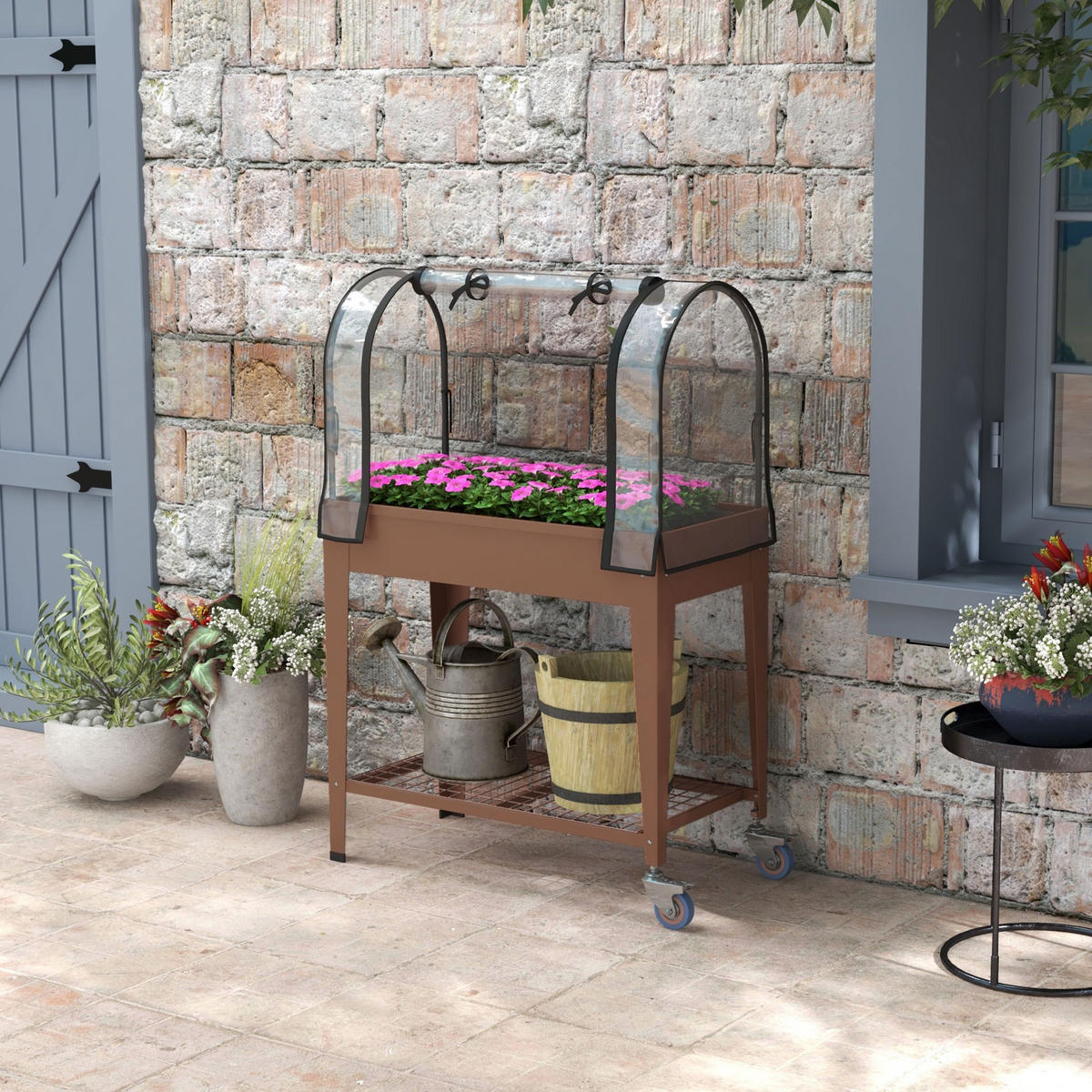 HOCHBEET DE-16036 mit transparenter Abdeckung & Rollen - Braun, Metall (80/120/40cm) - ComfortXL