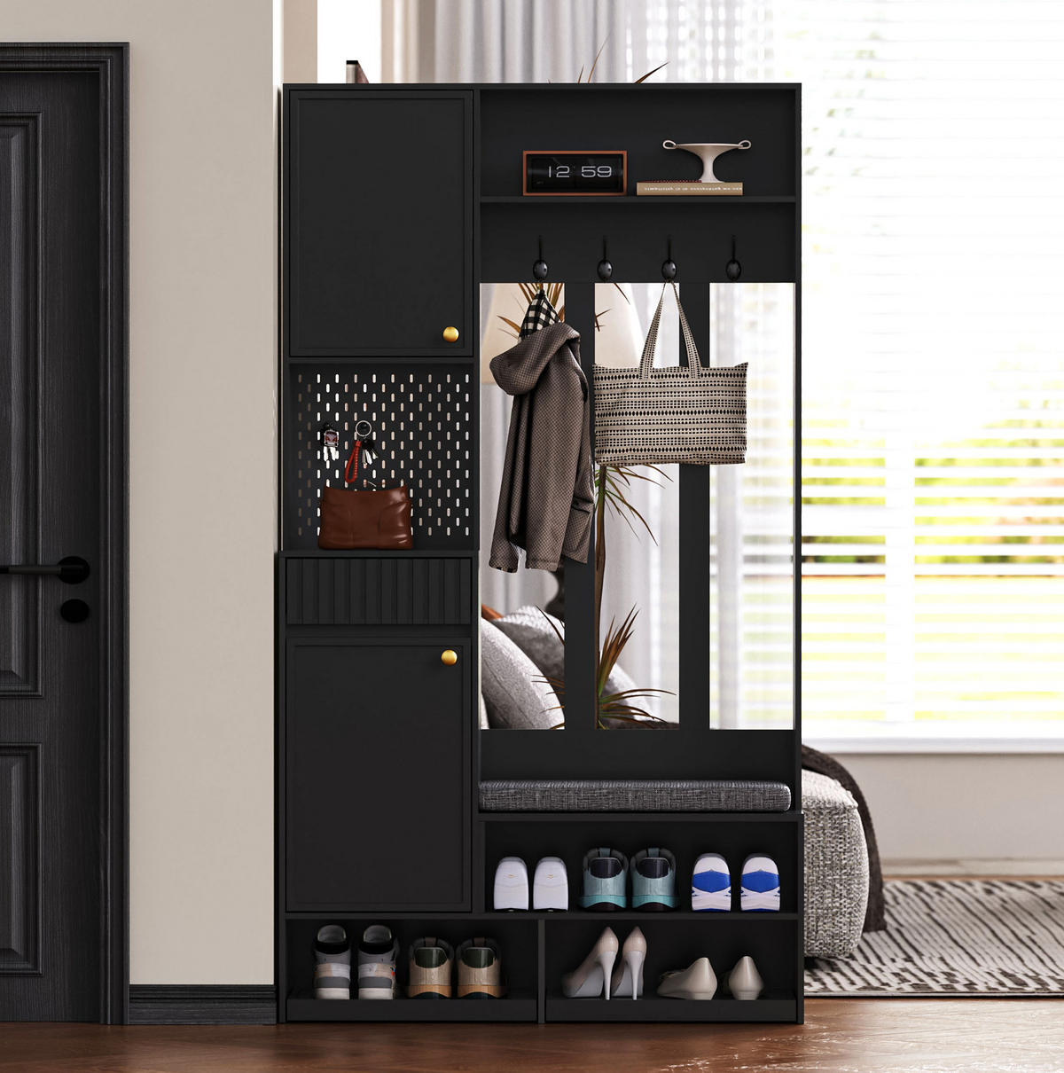 GARDEROBE 100/180/35 cm Schwarz aus MDF mit Sitzbank - Schwarz, Holzwerkstoff (35/180/100cm) - OKMYHOME