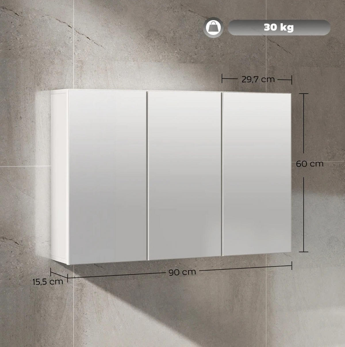 BADEZIMMER Hängeschrank 90x15.5x60 cm Weiß mit 3 Spiegeltüren & 5 Regalen - Weiß, Glas (90/60/15.5cm) - Modfu
