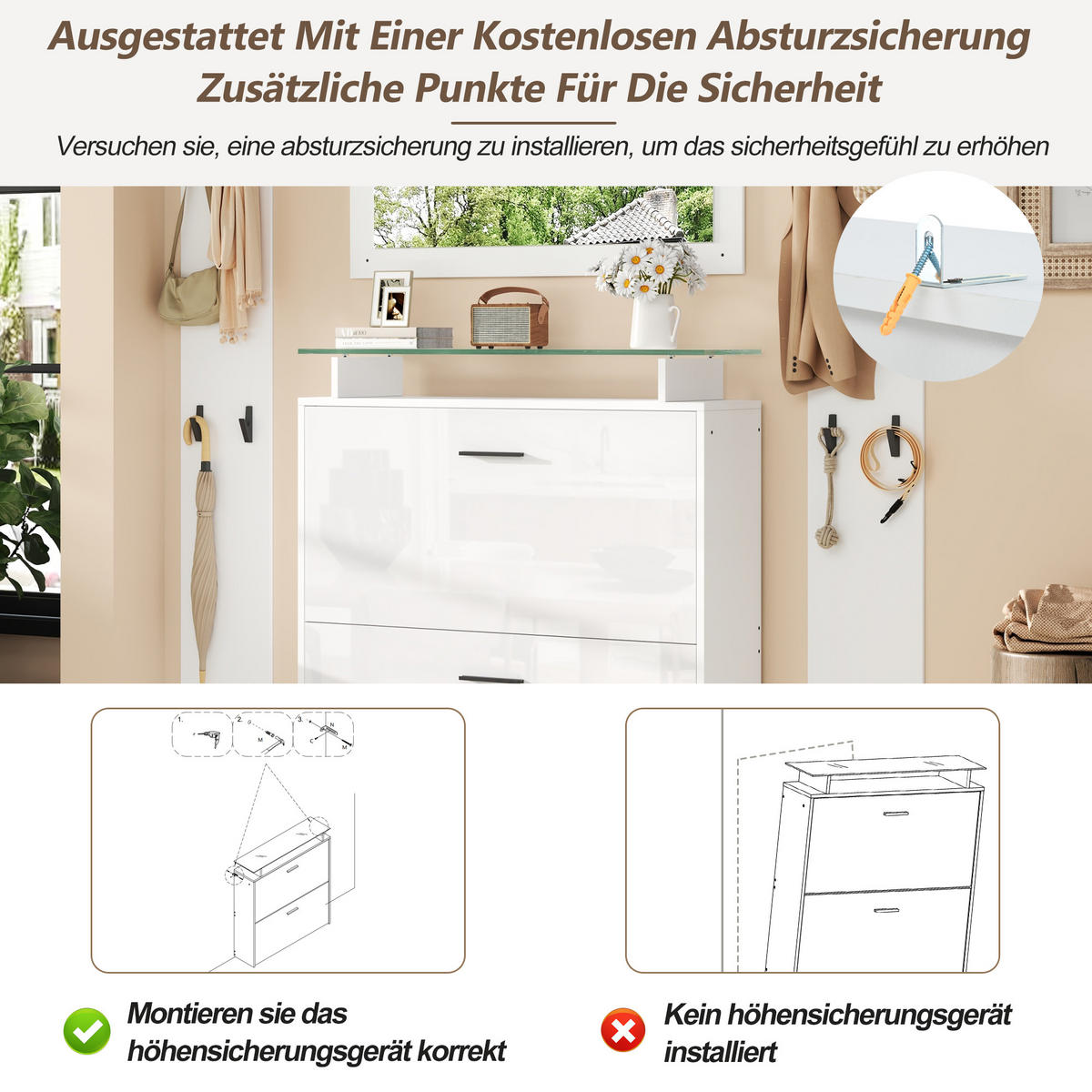 KOMPAKTGARDEROBE Spiegel Hochglanz Schuhschrank 8 Haken - Weiß, Holzwerkstoff (89.5/96.5/23cm) - FLIEKS