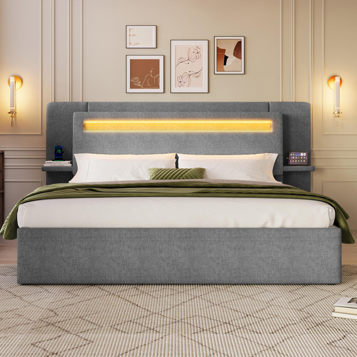 POLSTERBETT aus MDF und Leinen 140x200 cm Grau mit Bettkasten, LED-Beleuchtung, Nachttisch und USB-Anschluss - Grau, Textil (140/200cm) - Modfu