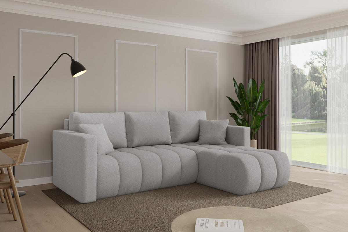 ROHOVÁ SEDAČKA s funkcí spaní, otoman vpravo GARD-L 226x146x85 světle šedá bouclé - černá/stříbrná, kompozitní dřevo/textil (226/146cm) - ALTDECOR