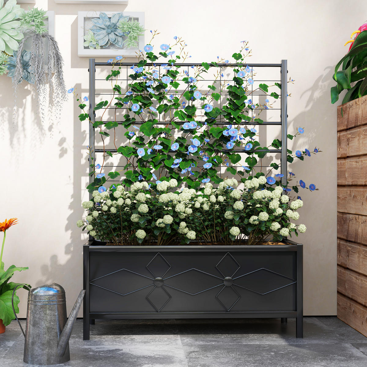 HOCHBEET DE-12188 mit Rankgitter 90/40/120 cm, Rautenmuster Schwarz - Schwarz, Metall (90/120/40cm) - ComfortXL