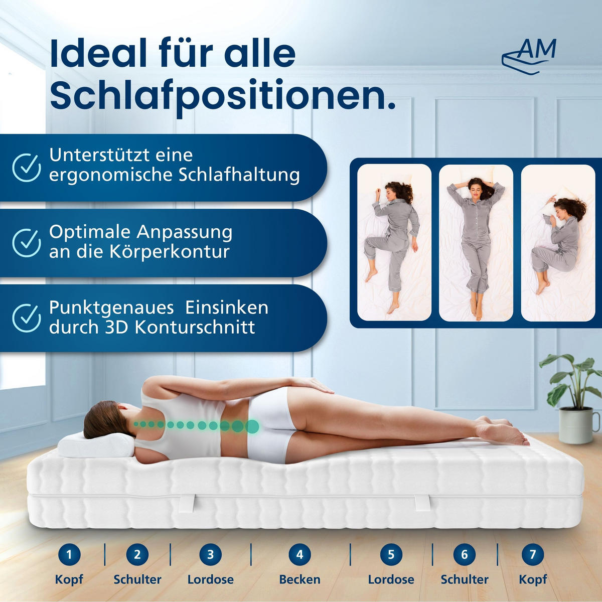 TASCHENFEDERKERNMATRATZE 3D Deluxe 140/200 cm H2 - 24cm Höhe & Tencel Bezug - Weiß, Textil (140/200cm) - AM Qualitätsmatratzen