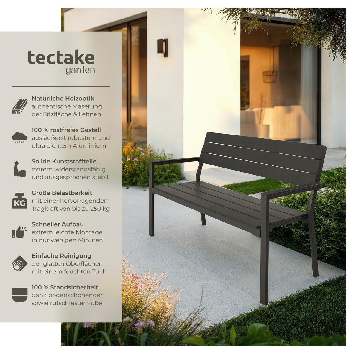 GARTENBANK Line,128 x 59 x 88 cm,dunkelgrau - Dunkelgrau, Metall (59/88/128cm) - tectake