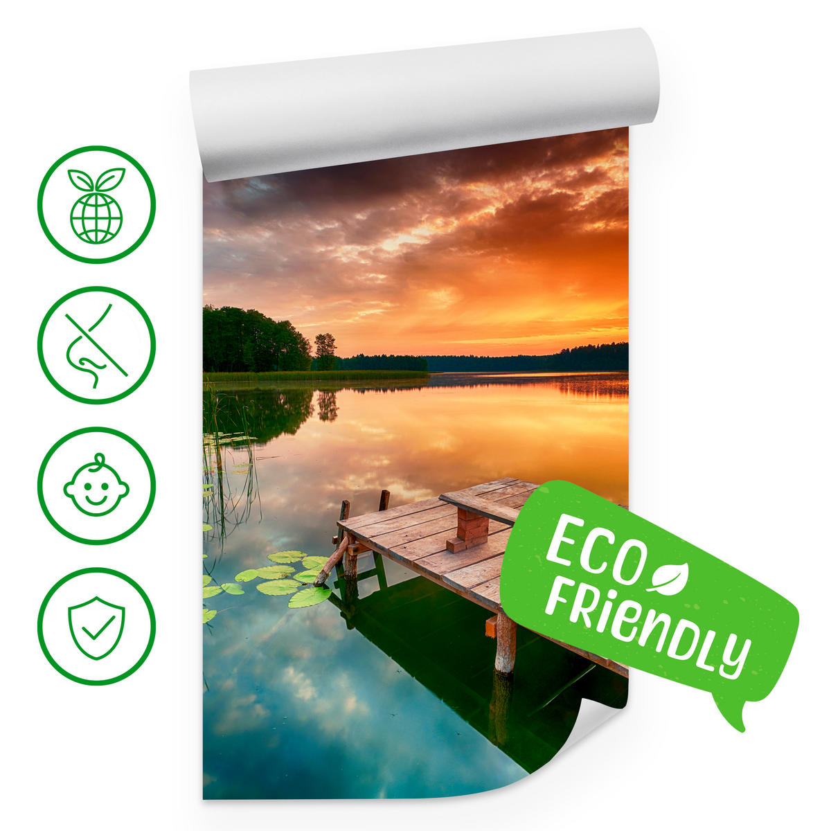 FOTOTAPETE für Wohnzimmer Sonnenuntergang See Steg Bäume 100x70 - Gelb/Beige, Papier (100/70cm) - Muralo