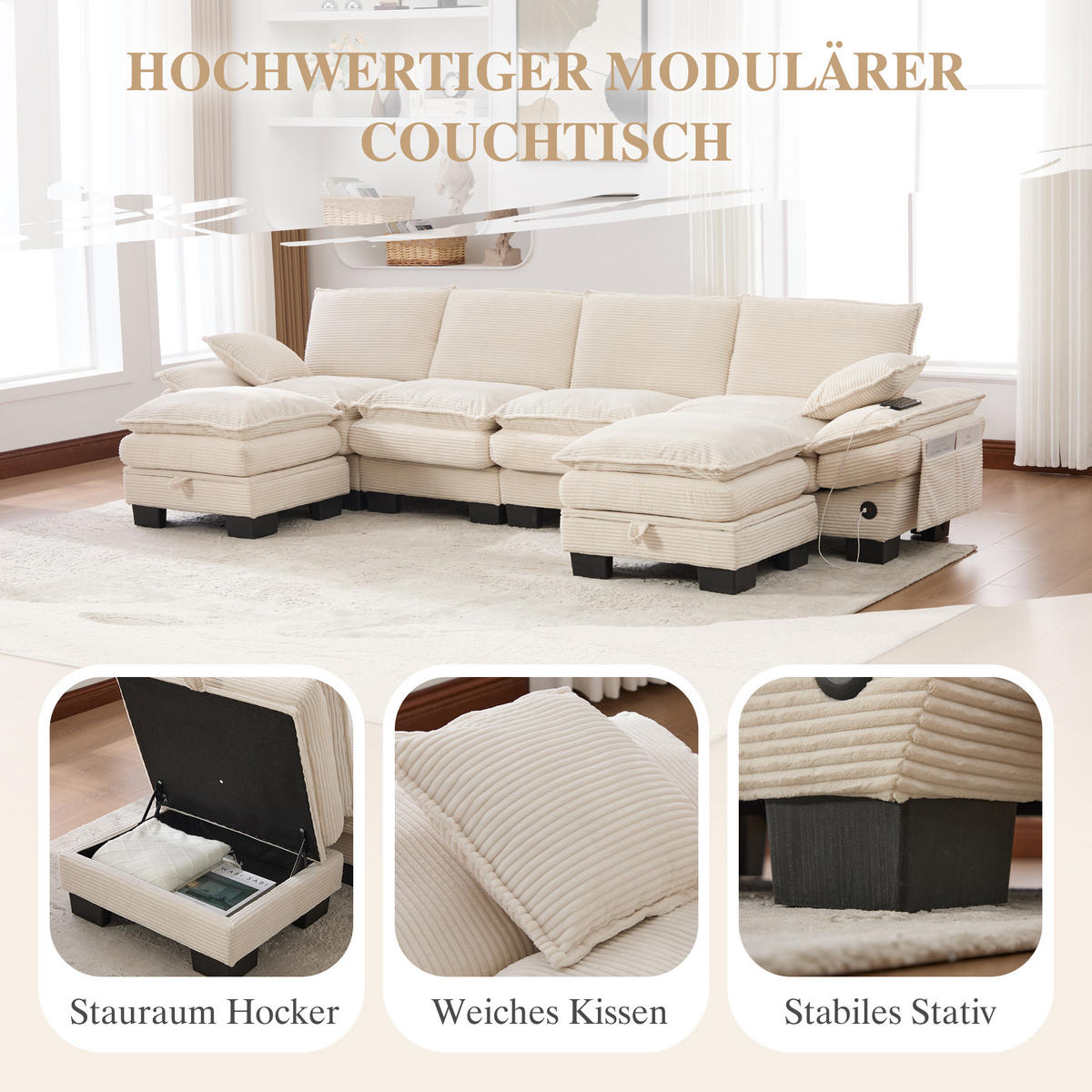 WOHNLANDSCHAFT Cord Beige mit USB-C, Seitentaschen und 2 Hockern - Beige, Holzwerkstoff/Kunststoff (330/84/132cm) - WISHDOR