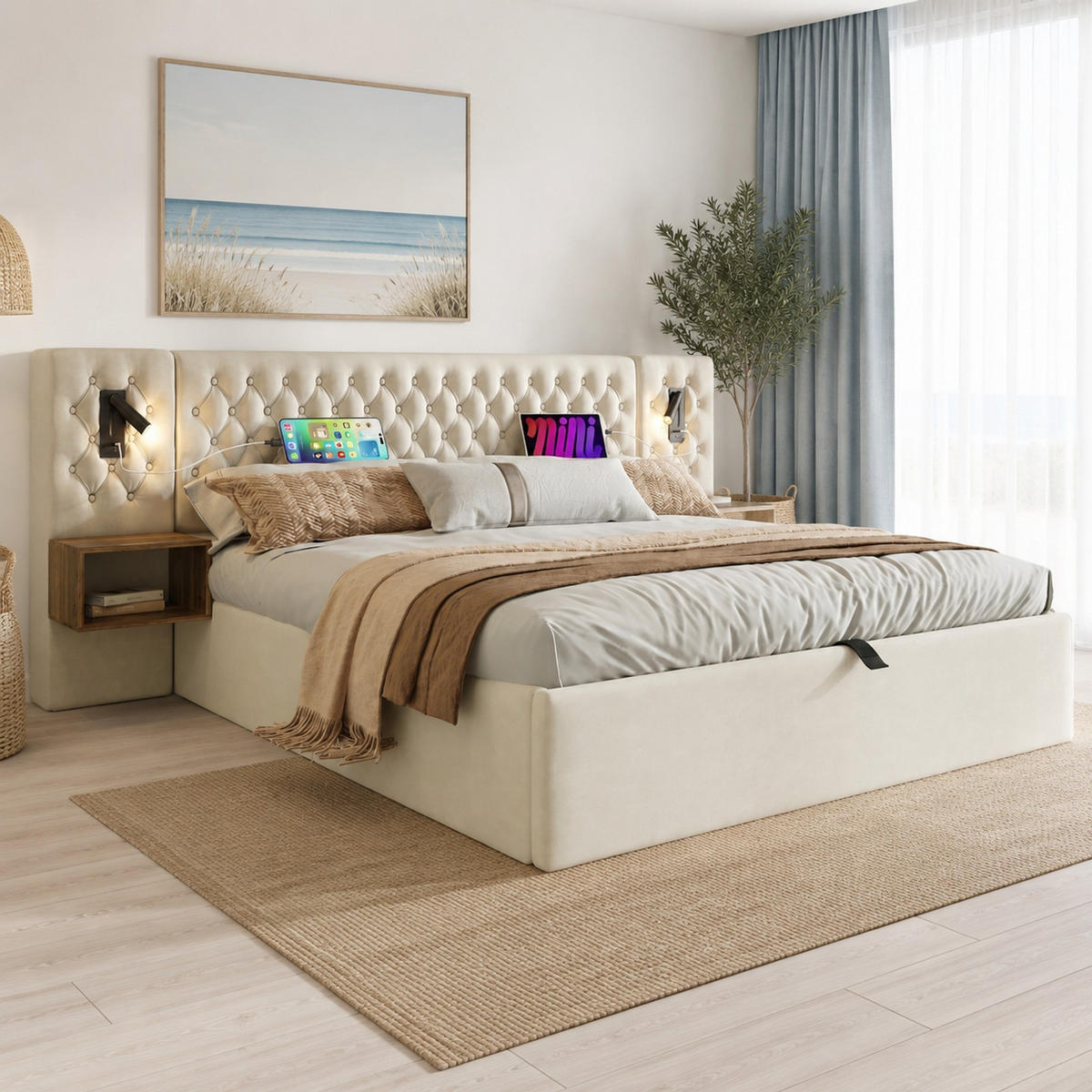 POLSTERBETT 160/200 mit Bettkasten, 2 Nachttischen und USB Type-C in Beige - Beige, Holzwerkstoff/Textil (160/200cm) - EVRYAE