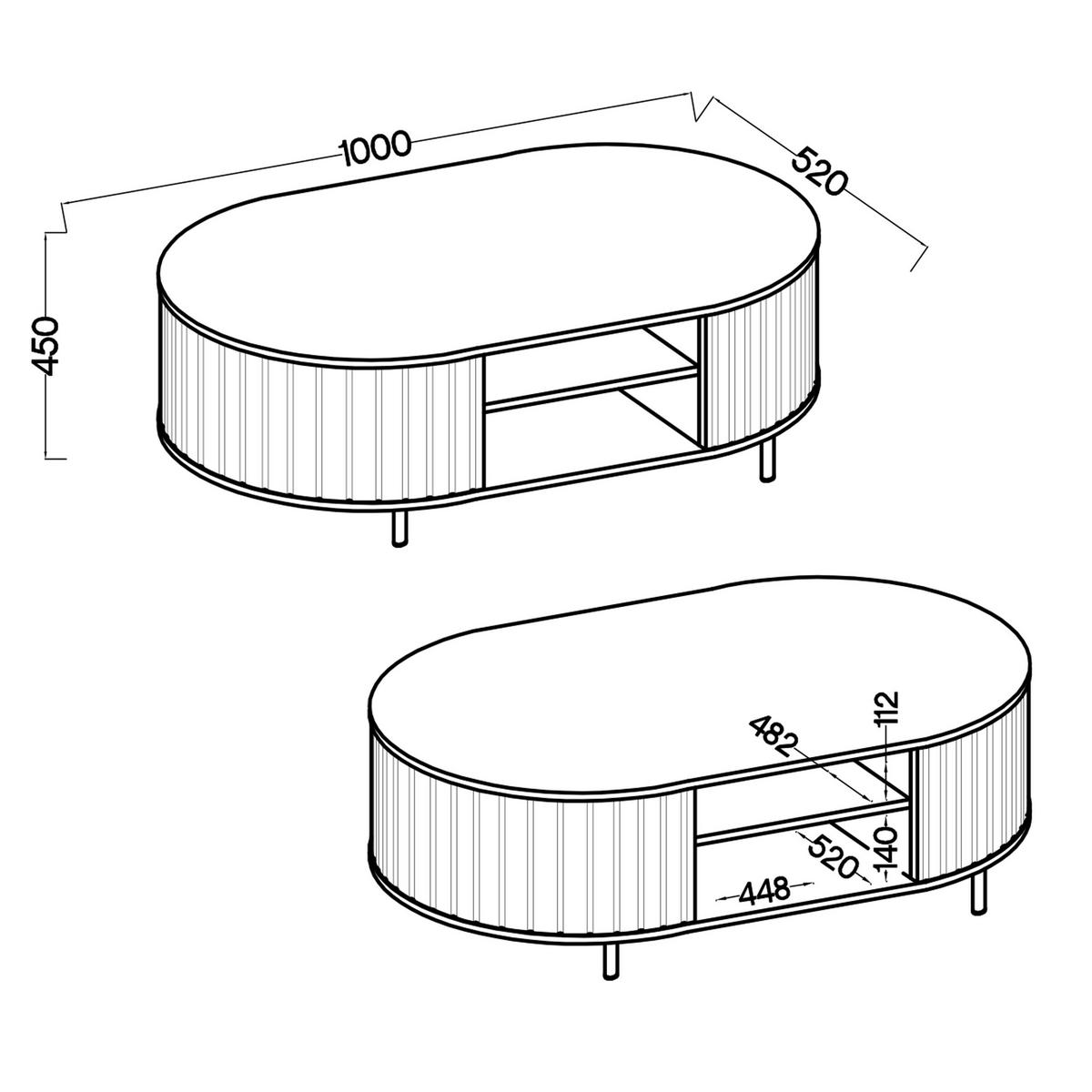 COUCHTISCH Halay Eiche Cremona, Moderne Rillenstruktur 100 cm, mit runden Kanten - Eichefarben/Schwarz, Holzwerkstoff/Metall (45/100/52cm) - AX Living