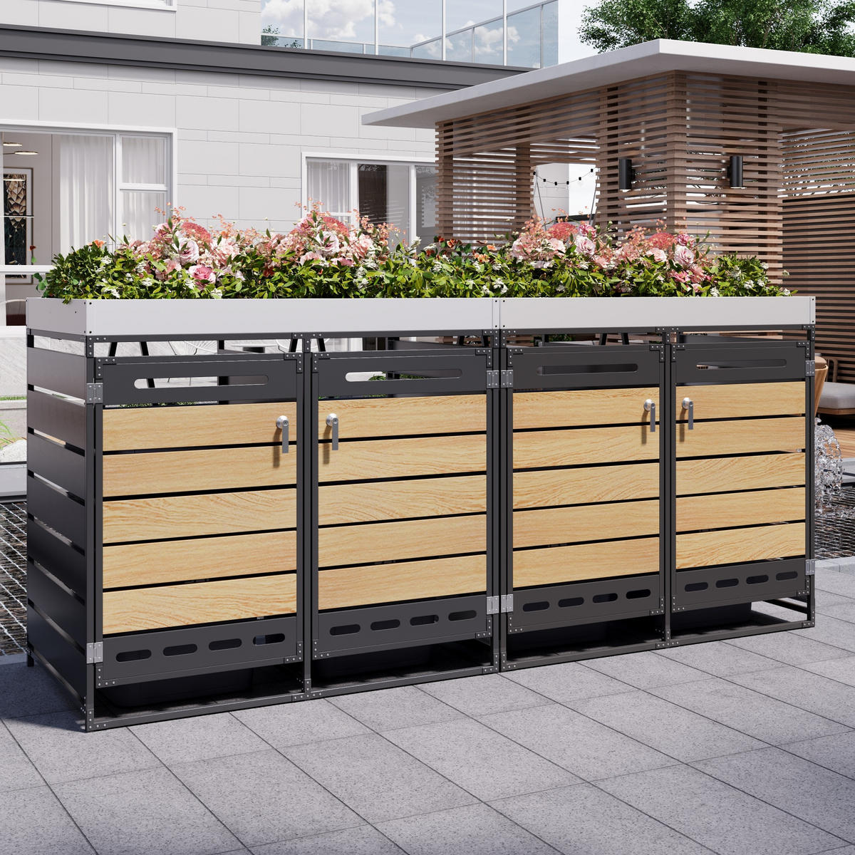 MÜLLTONNENBOX Pflanzkasten Holzoptik horizontal Schloss - Schwarz, Metall (262/120/79cm) - LEBENLANG