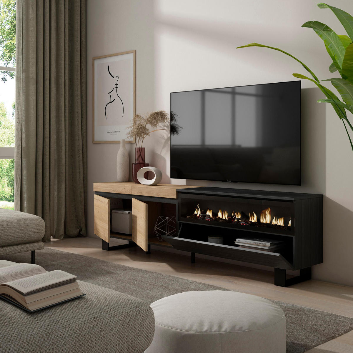 LOWBOARD, mit Elektrokamin, eiche, schwarz, 200/35/57cm - Eichefarben/Schwarz, Holzwerkstoff (200/57/35cm) - Skraut Home