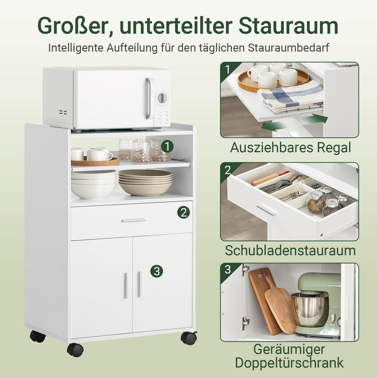 KÜCHENWAGEN mit Arbeitsplatte, Weiß, Mikrowellenschrank mit 4-in-1-Ladestation, 61,5 x 92 x 40 cm, Rollen (2 feststellbar) oder Standfüße, PB/MDF - Weiß, Holzwerkstoff (59/92/40cm) - SoBuy