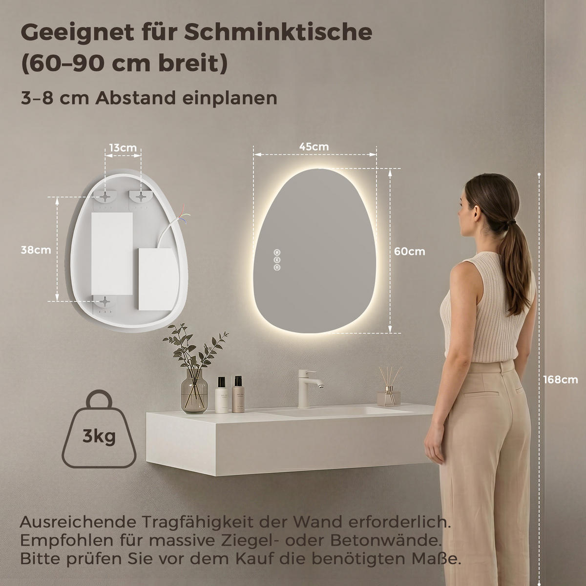 BADEZIMMERSPIEGEL mit Beleuchtung 60/45 cm asymmetrisch LED dimmbar mit Antibeschlag - Transparent, Glas (45/60/2.5cm) - S'AFIELINA