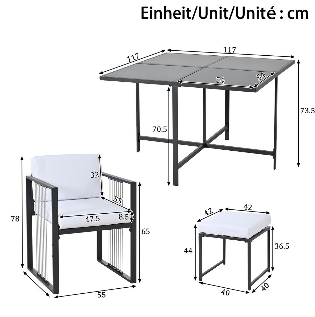 GARTENMÖBEL-SET 117/117 cm mit 4 Sesseln und 2 Hockern, Hartglas-Tischplatte und Kissen, Schwarz/Weiß - Schwarz, Metall - Redom