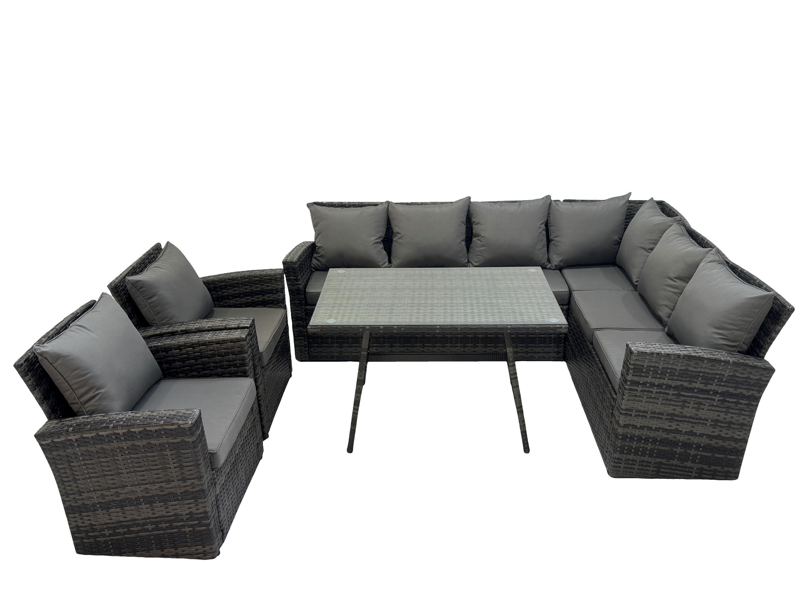 LOUNGEMÖBEL-SETS mit Esstisch Sofa Polyrattan Dunkelgrau 8-Sitzer - Dunkelgrau/Grau, Glas/Kunststoff - Fimous