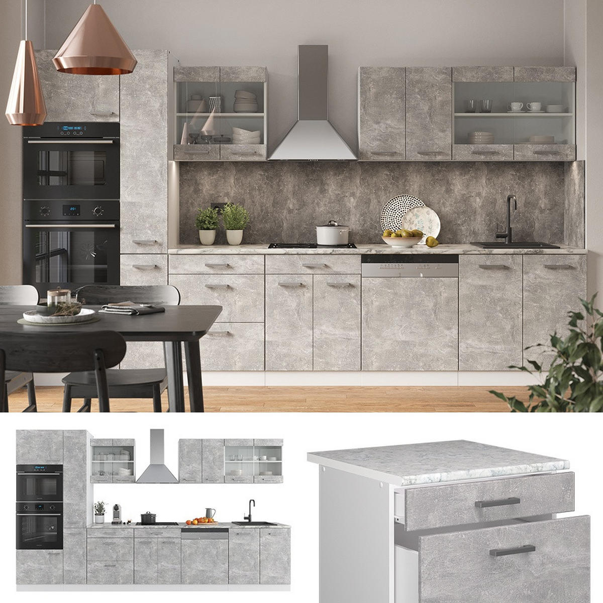 KUHINJSKI BLOK R-Line Beton/bela 350 cm z visoko omaro, brez delovne plošče - siva/bela, leseni material (350/81.6/46cm) - Vicco