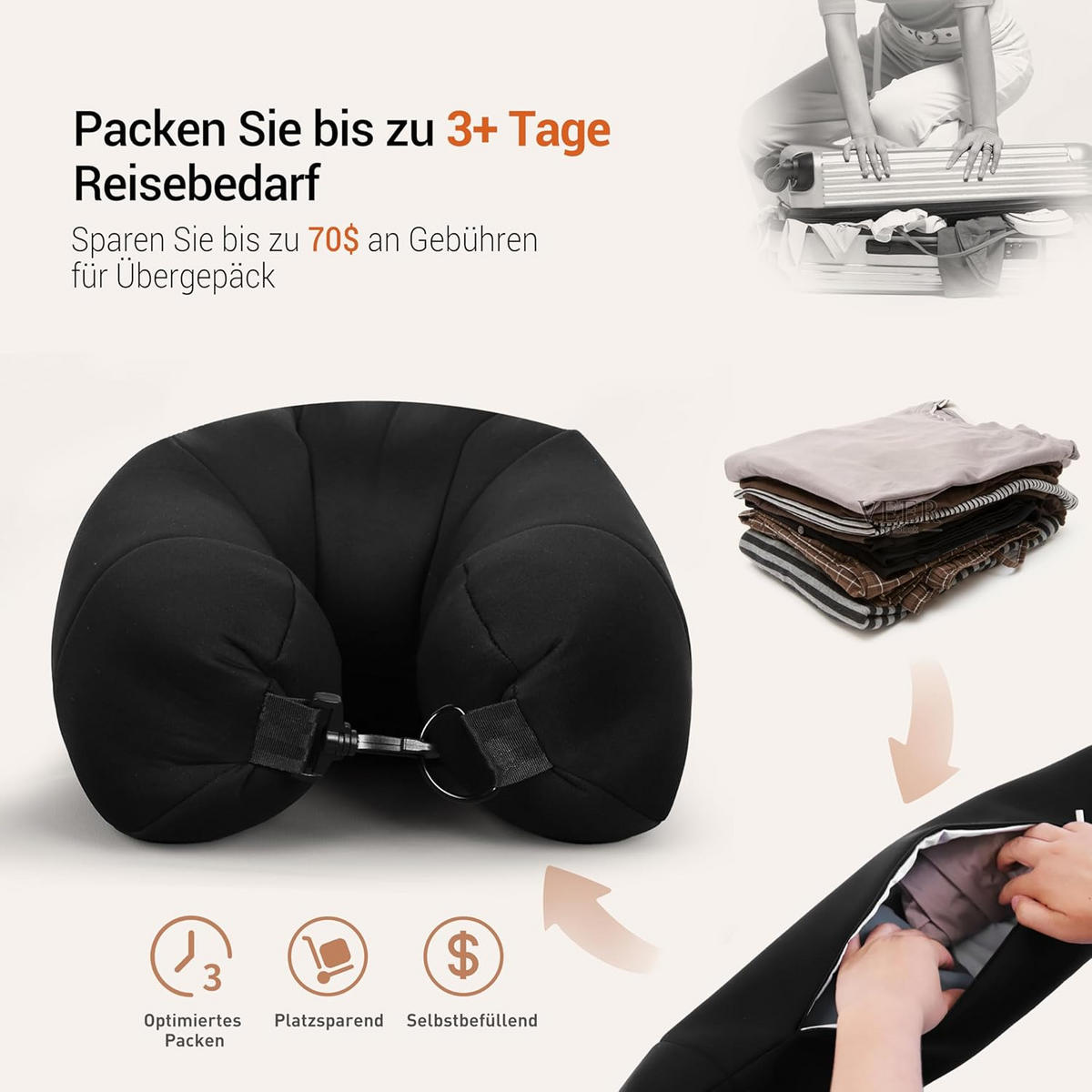 NACKENKISSEN U-Form mit Stauraum Reisekissen - Schwarz, Textil (22/75cm) - Vercart