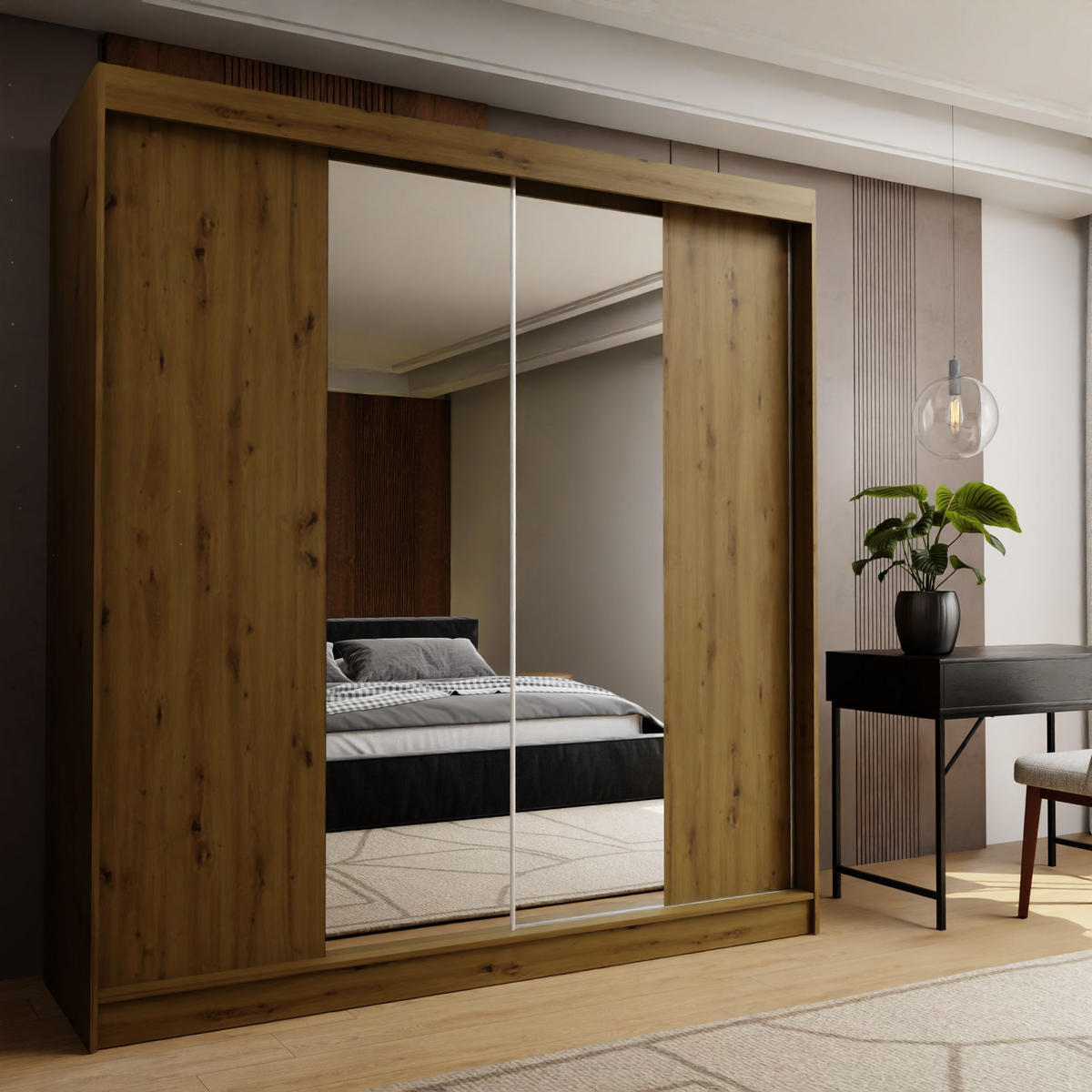 SCHWEBETÜRENSCHRANK LUCENZA 200/216/61 cm 2-türig mit Spiegel Eiche Artisan - Eiche Artisan, Holzwerkstoff (200/216/61cm) - MASSENO