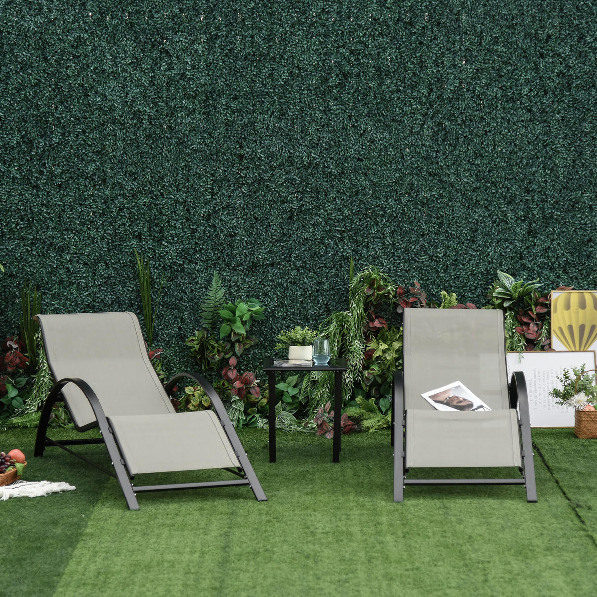 SONNENLIEGE 2er-Set DE-15606 mit Glastisch Grau - Hellgrau, Metall (59/66/169cm) - ComfortXL