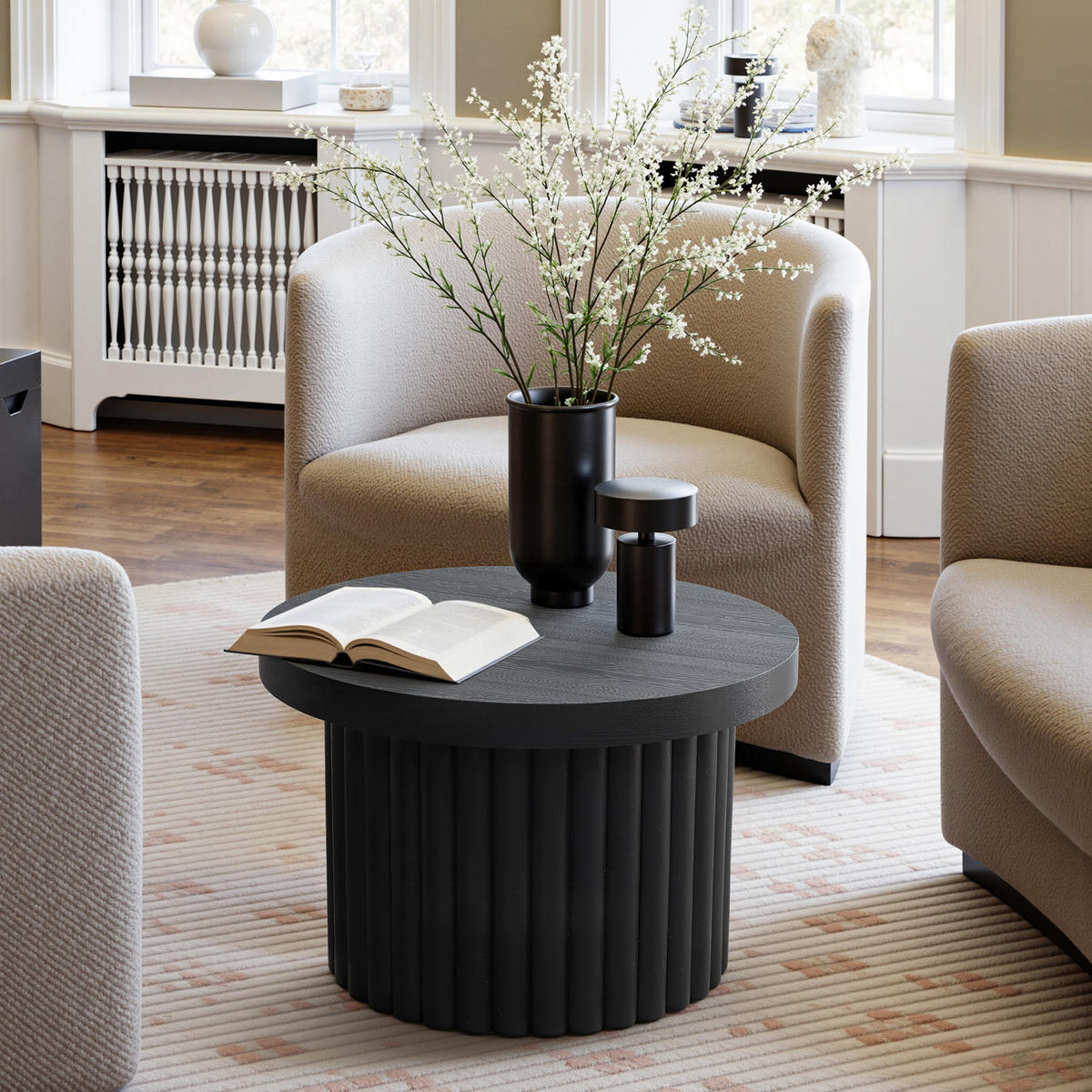 COUCHTISCH Rund, Schwarz aus MDF mit PU-Holzdessin | Ø60 x H40 cm - Schwarz, Holz (60/60/40cm)