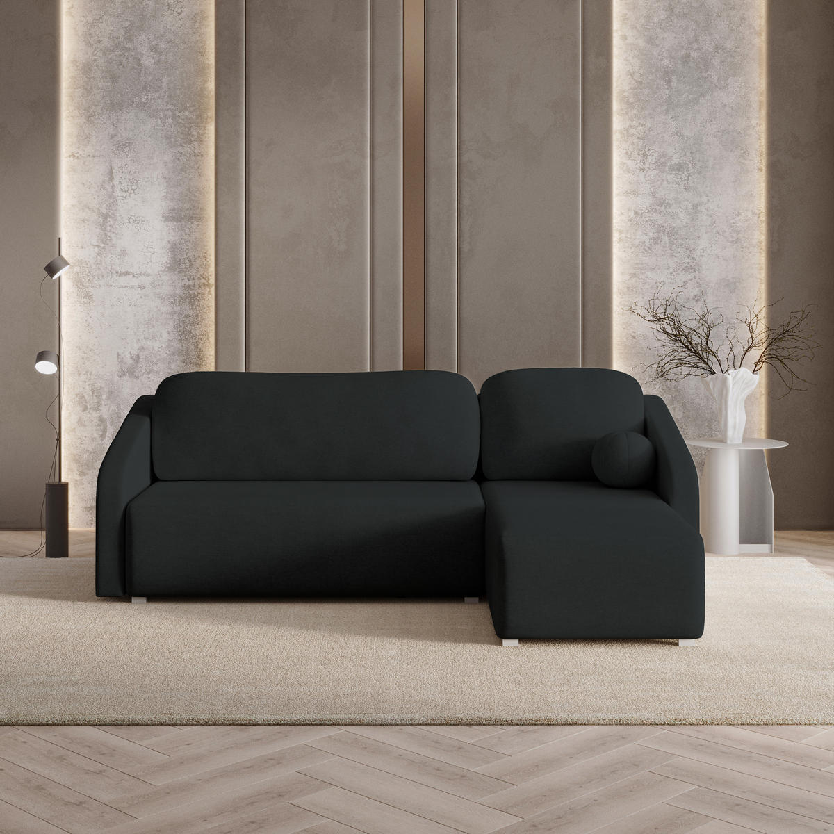 ECKSOFA MARELLO Schwarz Geflochtener Stoff mit Schlaffunktion - Schwarz, Holz (220/143cm) - MASSENO