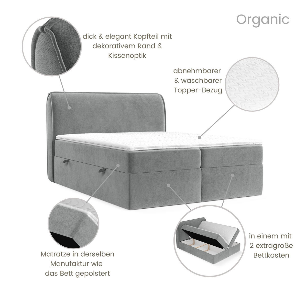 BOXBETT Organic Grau 180/200 cm mit Bonellmatratze und Topper - Schwarz/Grau, Holz/Holzwerkstoff (180/200cm) - Maison de Reve