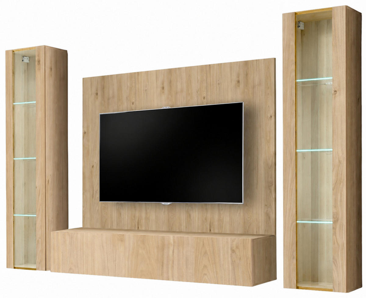 WOHNWAND Eiche Jackson 4-teilig 260 cm hängend, Schrankwand mit LED-Beleuchtung - Eichefarben, Glas/Holzwerkstoff (260/170/40cm) - Inn.Furn